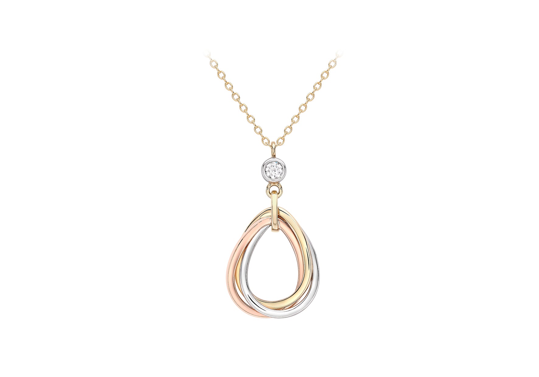 9ct 3-Tone Gold Zirconia Linked-Teardrop Trace Chain Adjustable Necklace