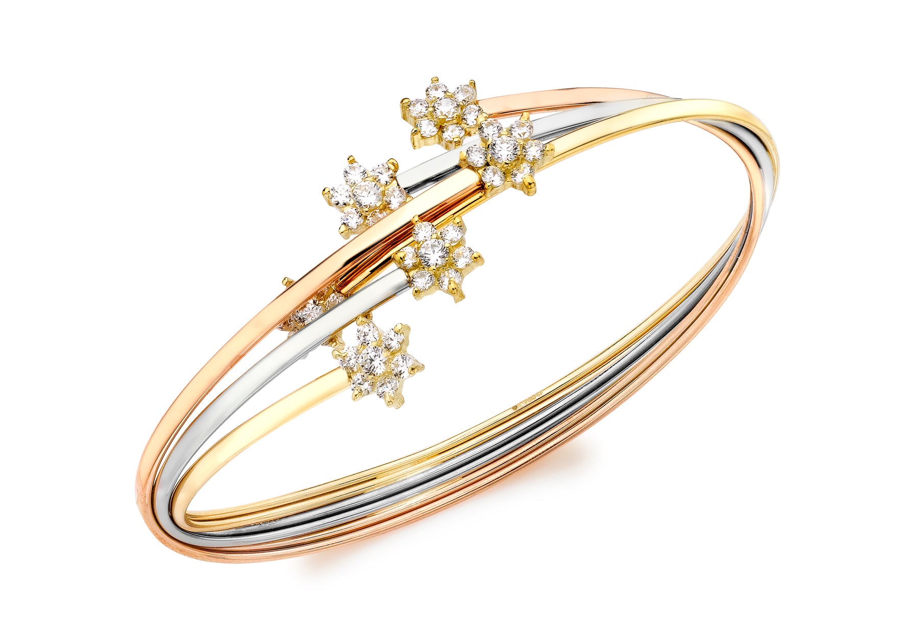 9ct 3-Colour Gold Zirconia Flower Cluster Bangle