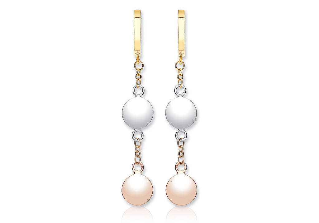 9ct 3-Colour Gold Disc Drop Huggy Earrings