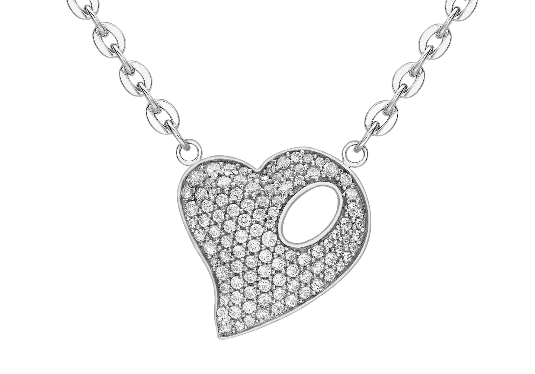9ct White Gold Zirconia Pave Set Fikle Heart Belcher Chain Necklet 46m/18"9
