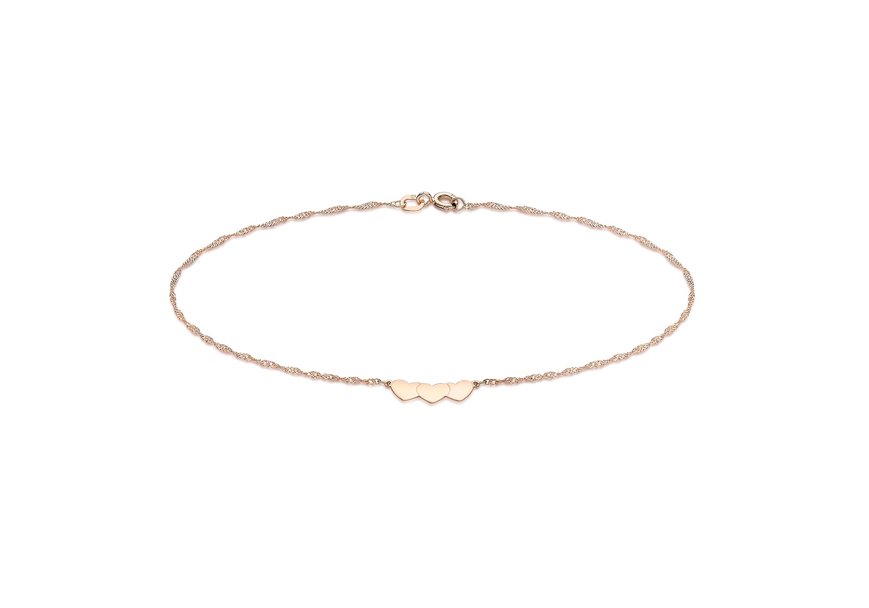 9ct Rose Gold 3-Heart Twist Curb Chain Anklet 23m/9"9