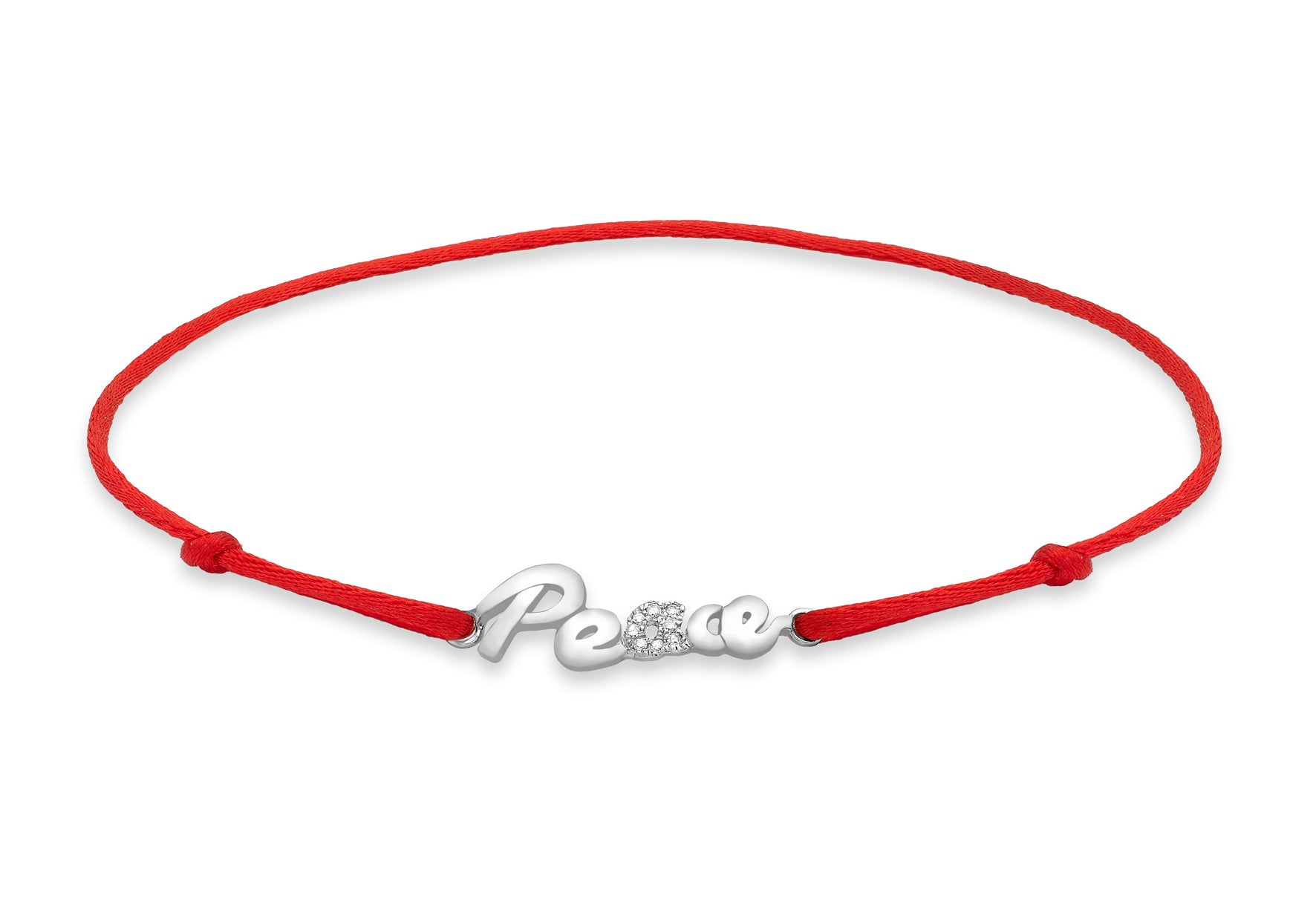 9ct White Gold 0.03ct Diamond 'Peace' Adjustable Red Silk Bracelet