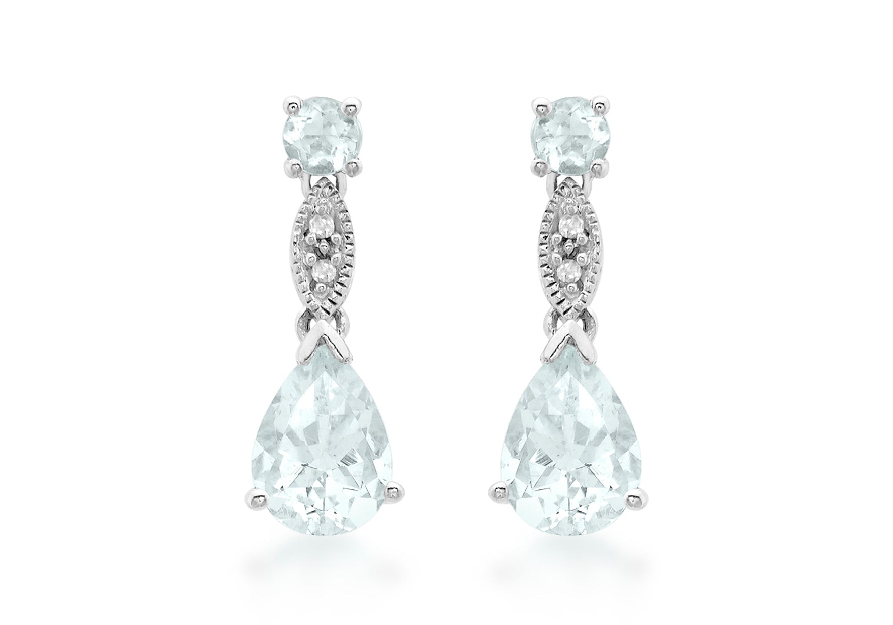 9ct White Gold 0.02ct Diamond Aquamarine Drop Earrings