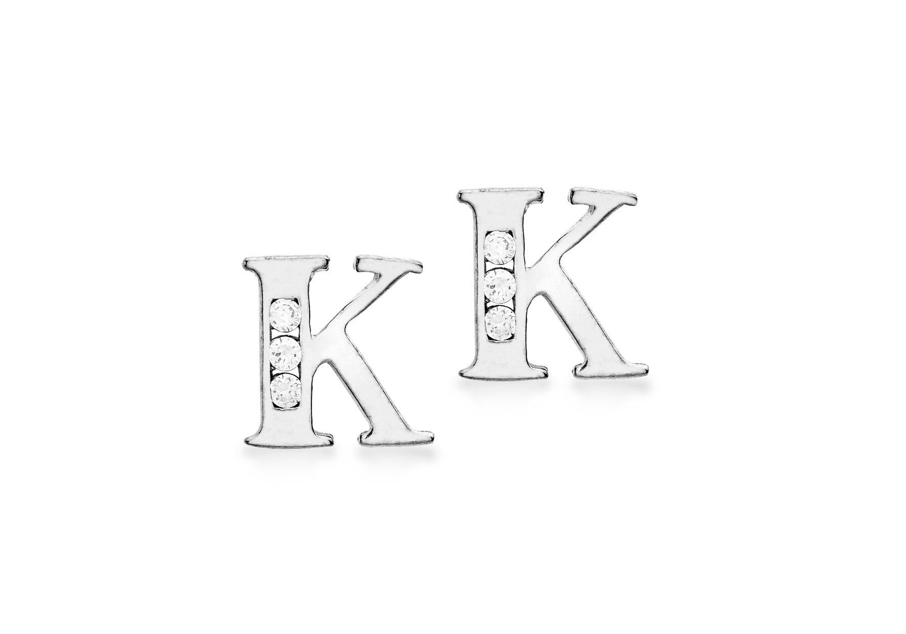 9ct White Gold Zirconia 7mm x 7mm 'K' Initial Stud Earrings