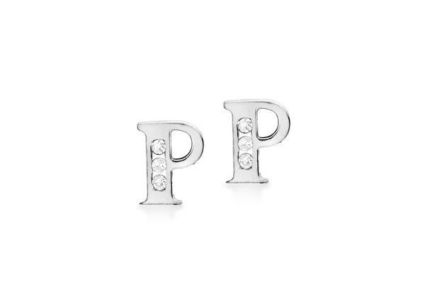 9ct White Gold Zirconia  5mm x 6mm 'P' Initial Stud Earrings