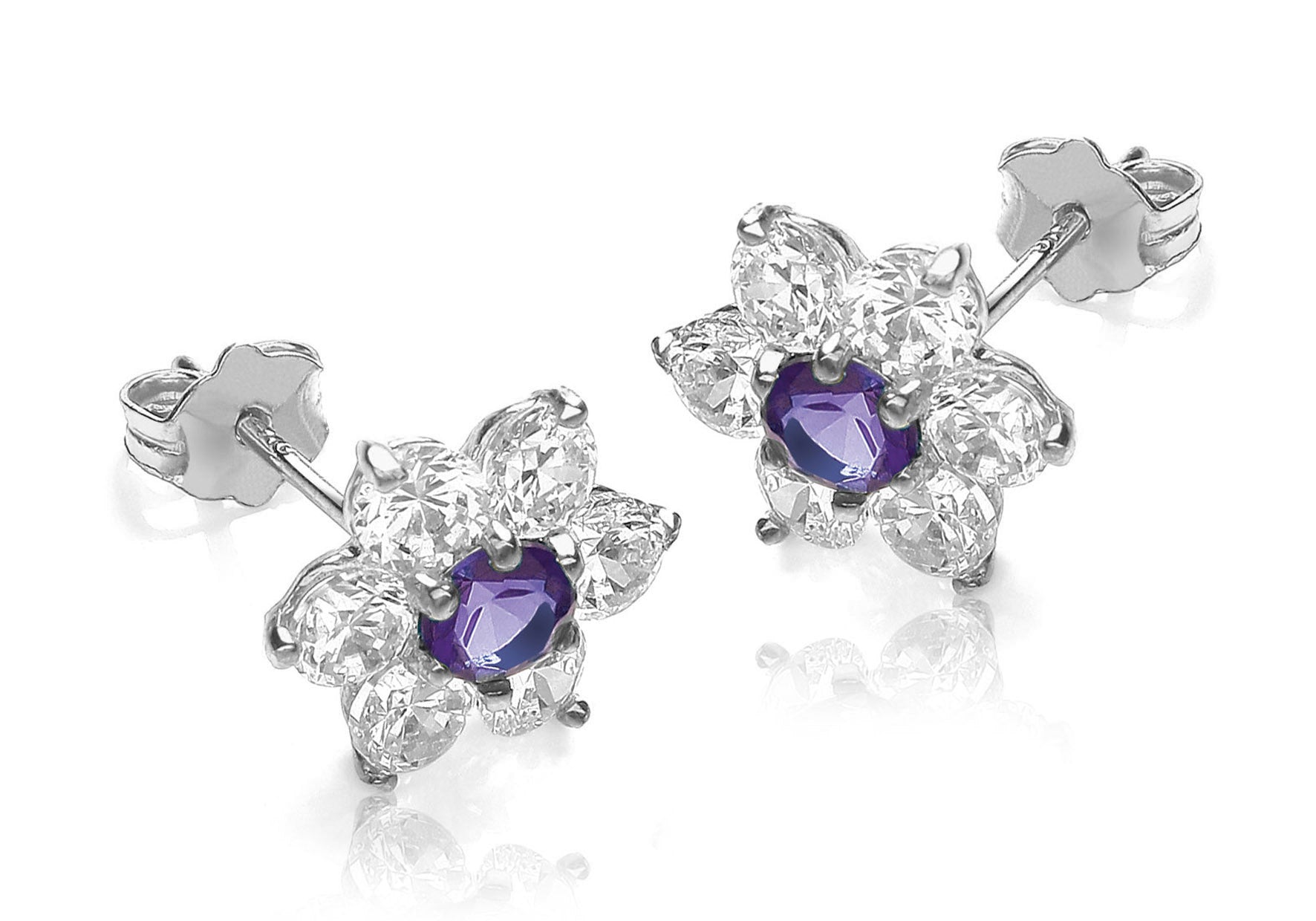 9ct White Gold Purple and White Zirconia Flower Cluster Stud Earrings