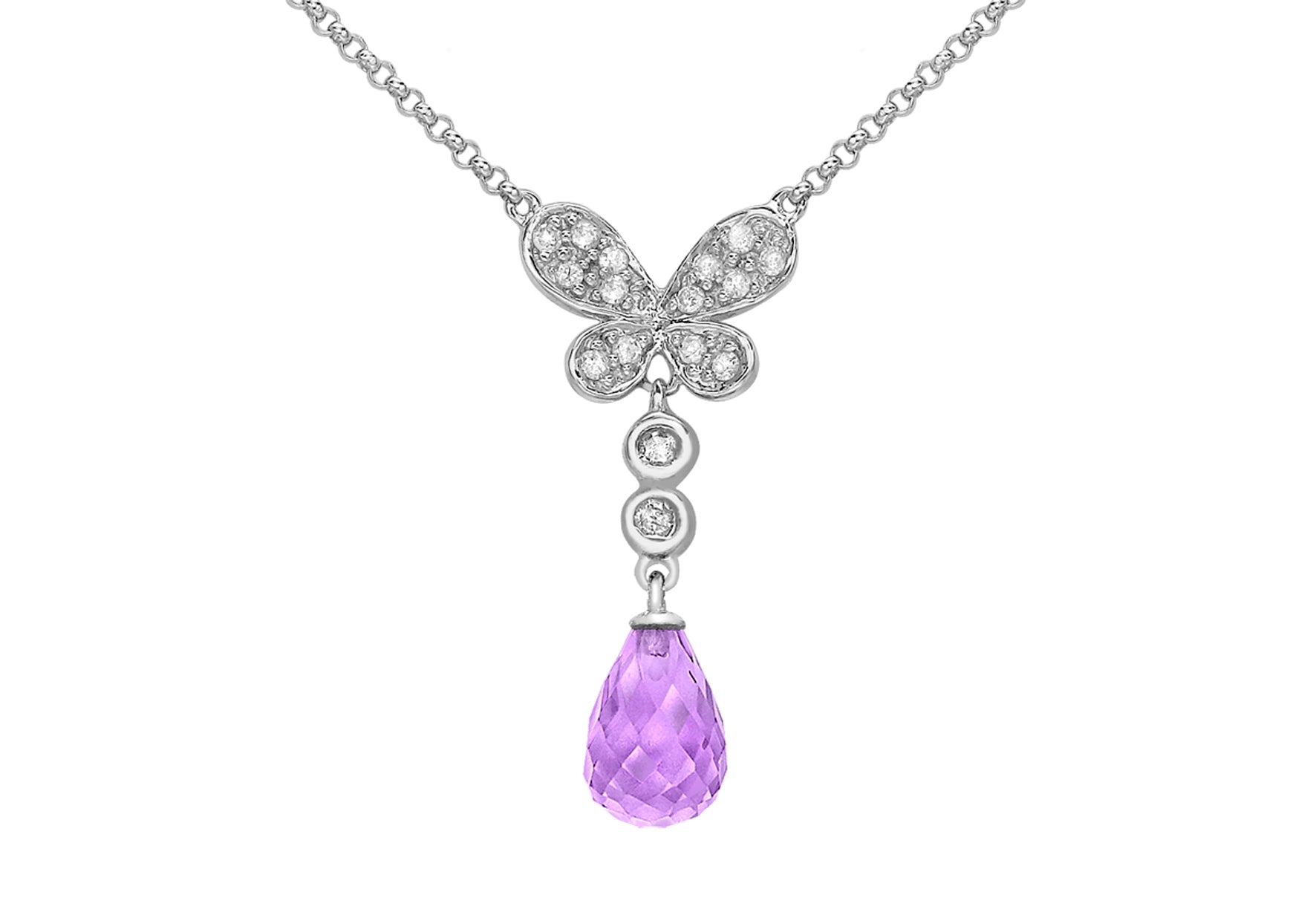 9ct White Gold 0.12ct Diamond Butterfly Amethyst Drop Necklet