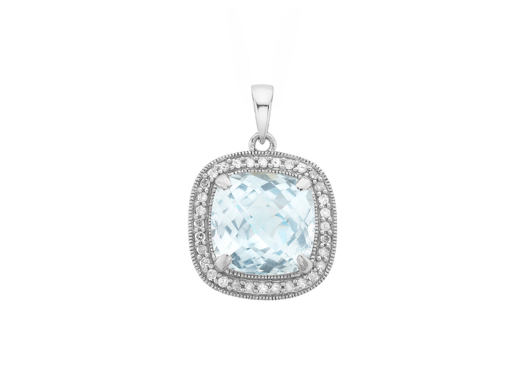 9ct White Gold 0.13t Diamond and ushion Cut Blue Topaz 13mm x 13mm Pendant