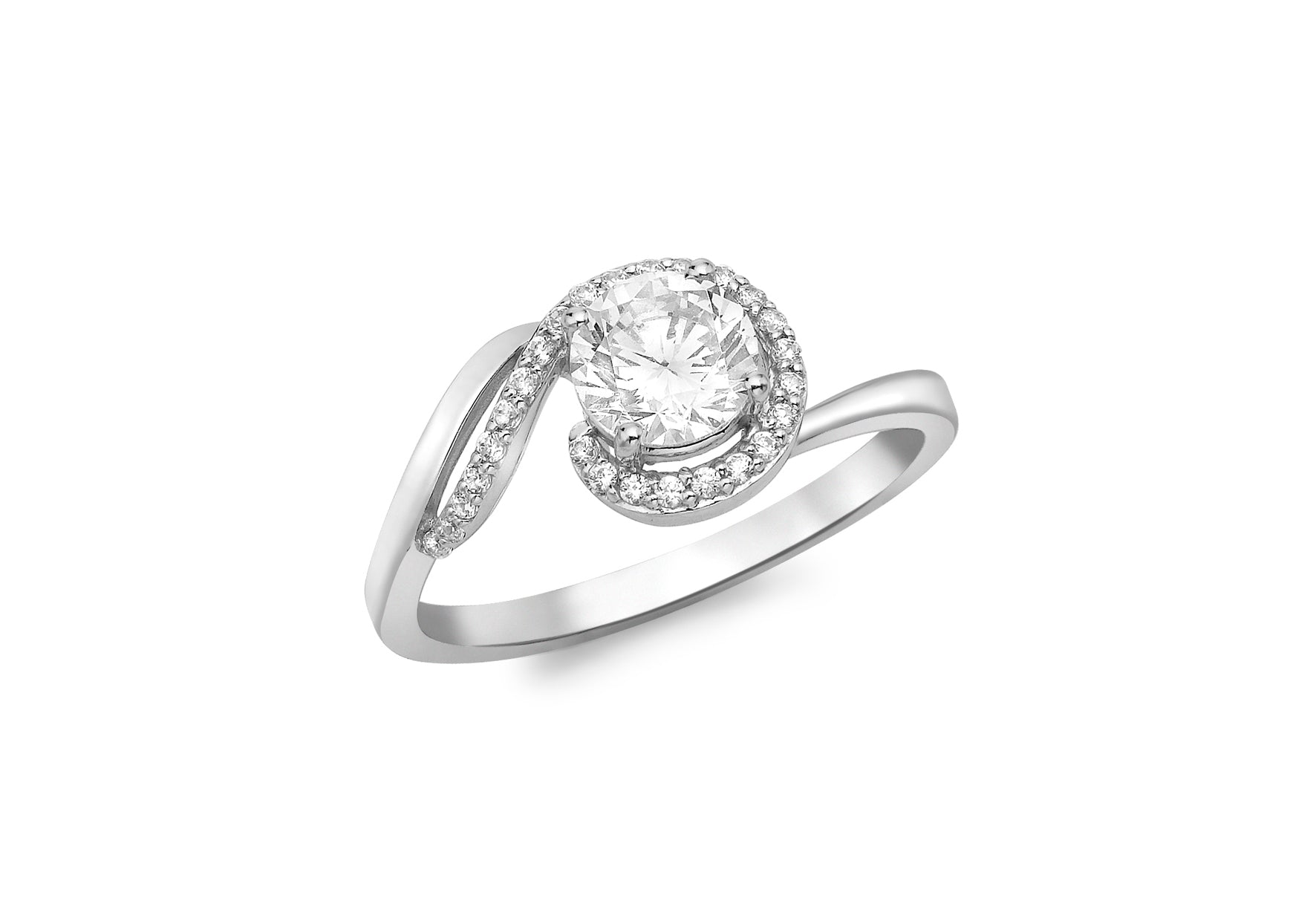 9ct White Gold Zirconia Solitaire Swirl Ring
