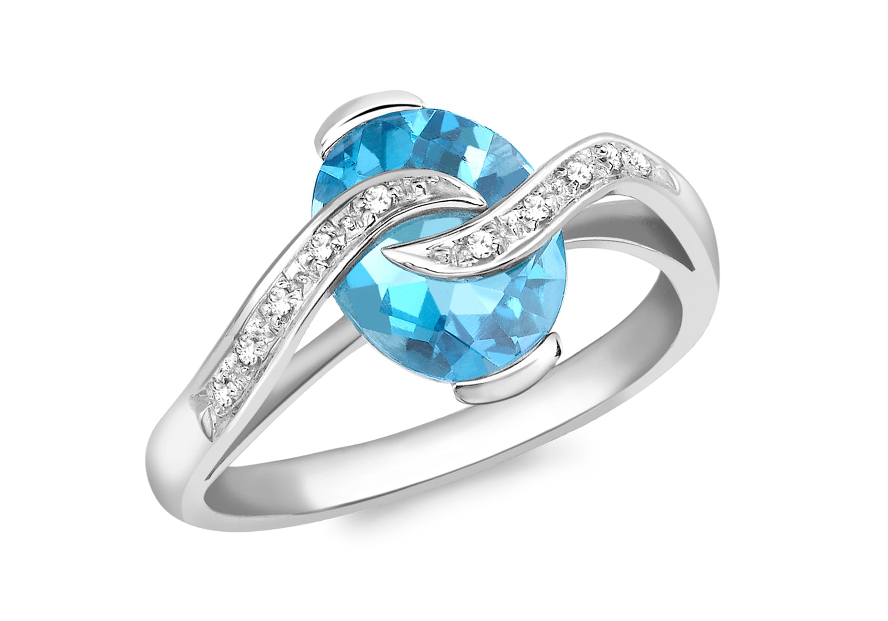 Diamond and Oval Blue Topaz Ring 18ct White Gold