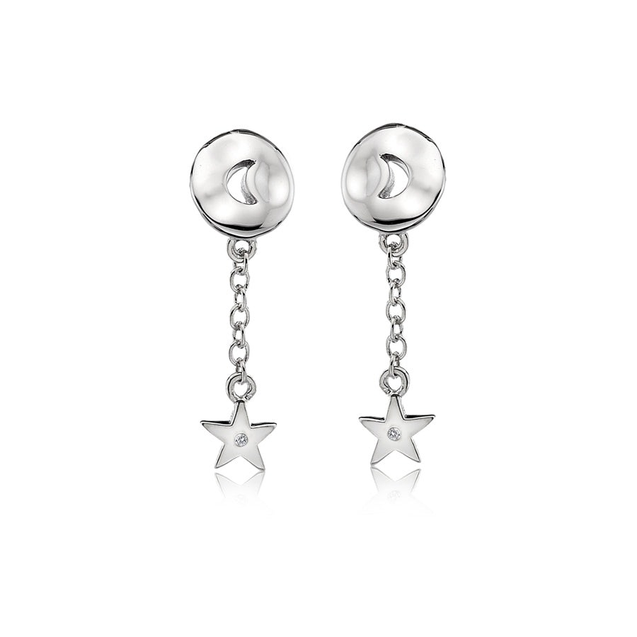 Moon And Star Drop Earrings Hand-Set With A Diamond Accent
