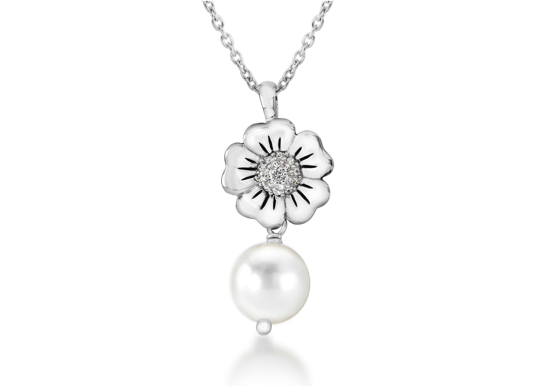 Sterling Silver Rhodium Plated Zirconia and Pearl Flower Necklace 41m/169