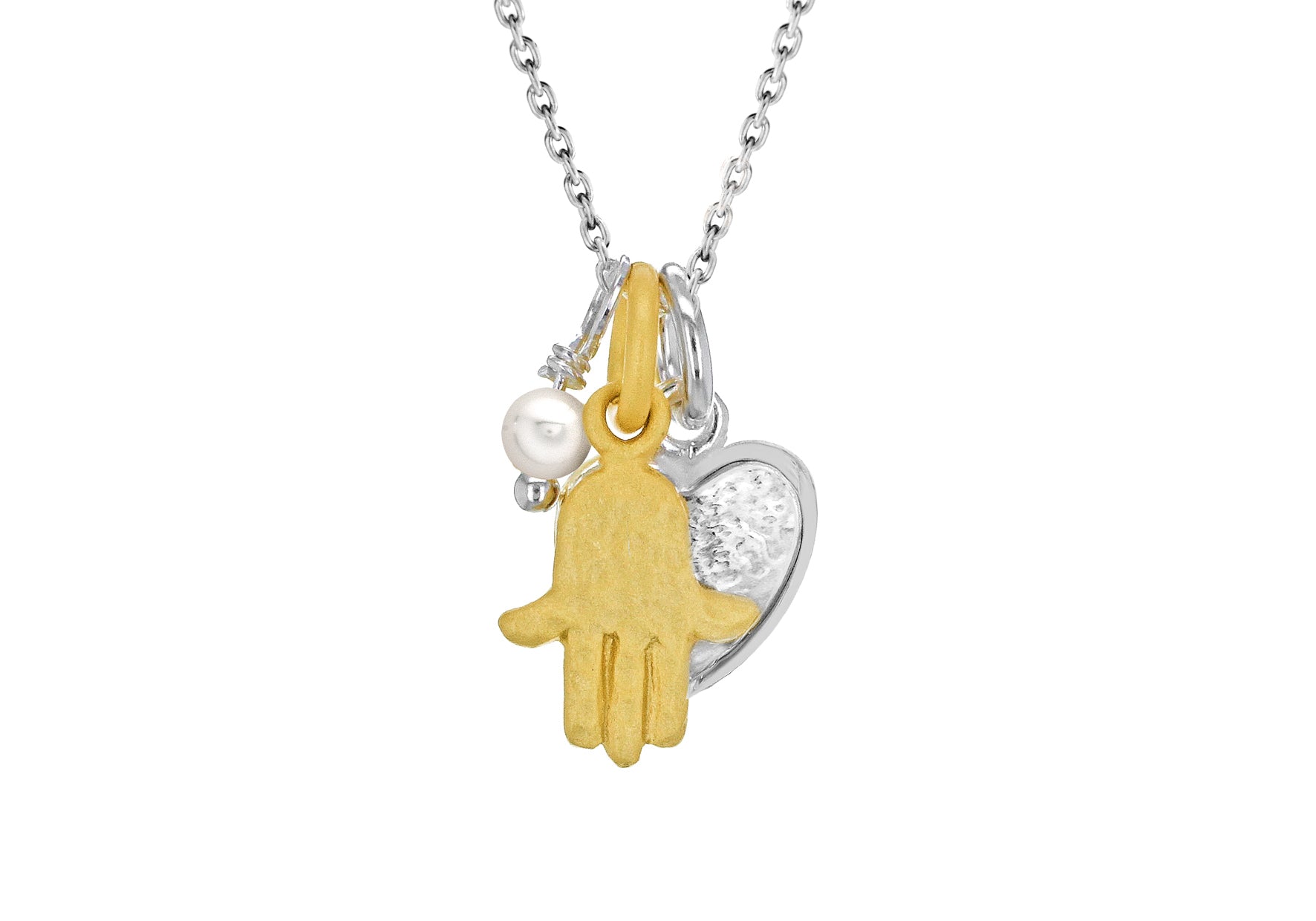 Sterling Silver Gold Plated Hamsa Hand with Pearl and Heart Adjustable Necklace m/15" - 46m/18"9