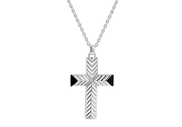 Sterling Silver Rhodium Plated Black Agate Cross Necklace