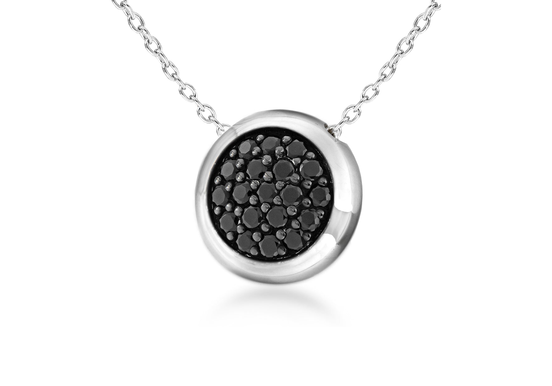 Sterling Silver Rhodium Plated Black Zirconia Disc Pendant on Adjustable Chain Necklace 41m/16" - 46m/18"9