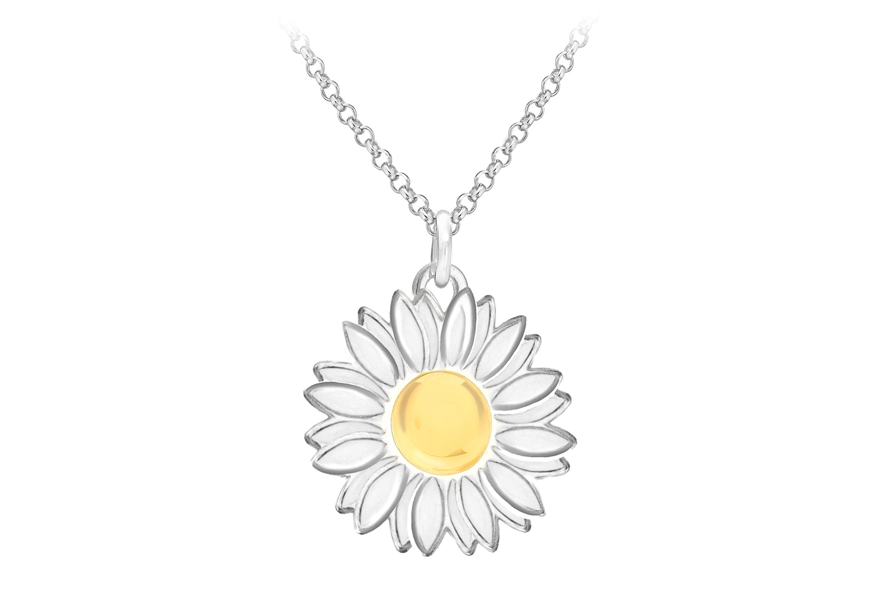 Sterling Silver 14mm Yellow and White Daisy Pendant on Chain Necklace 46m/18"9