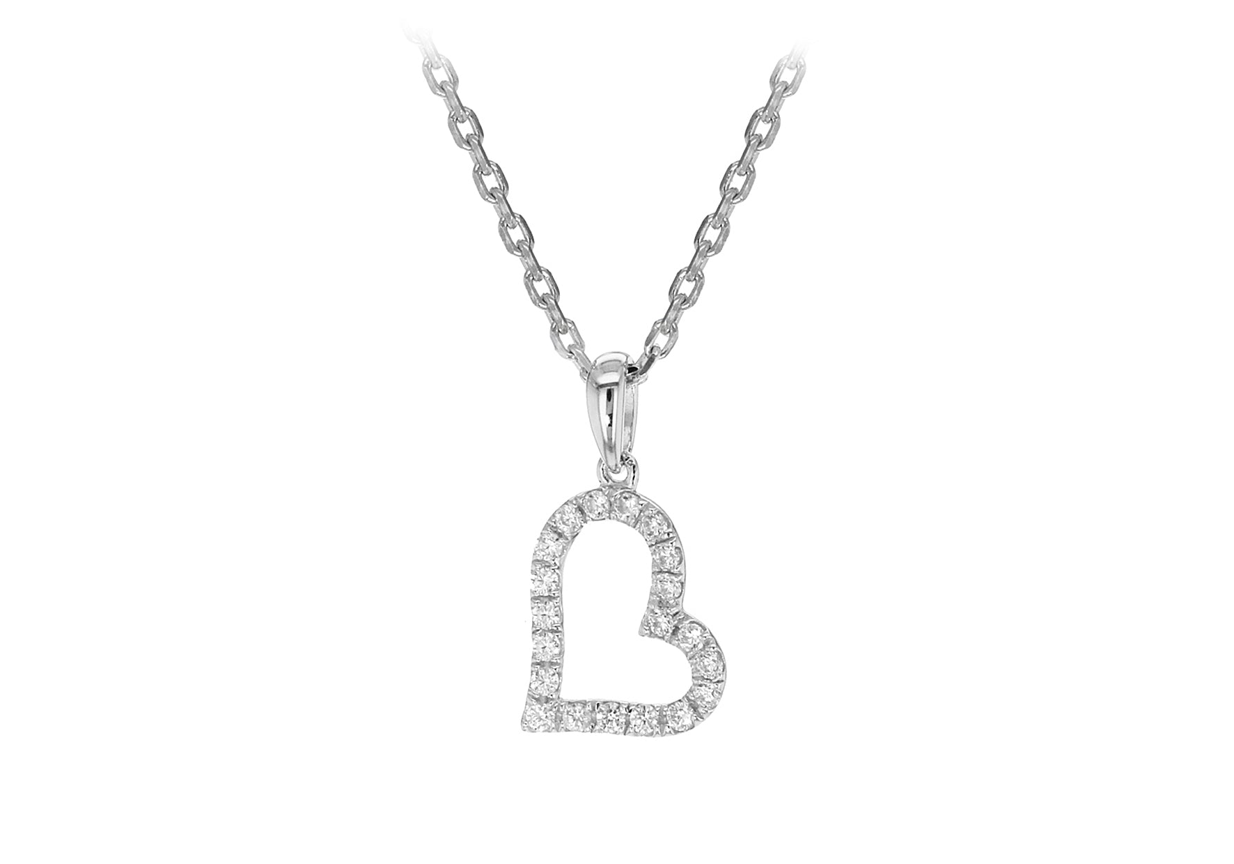 Sterling Silver Rhodium Plated Small Zirconia Open-Heart Pendant on Adjustable Chain Necklace 39.5m/15.5"-42m/16.5"9