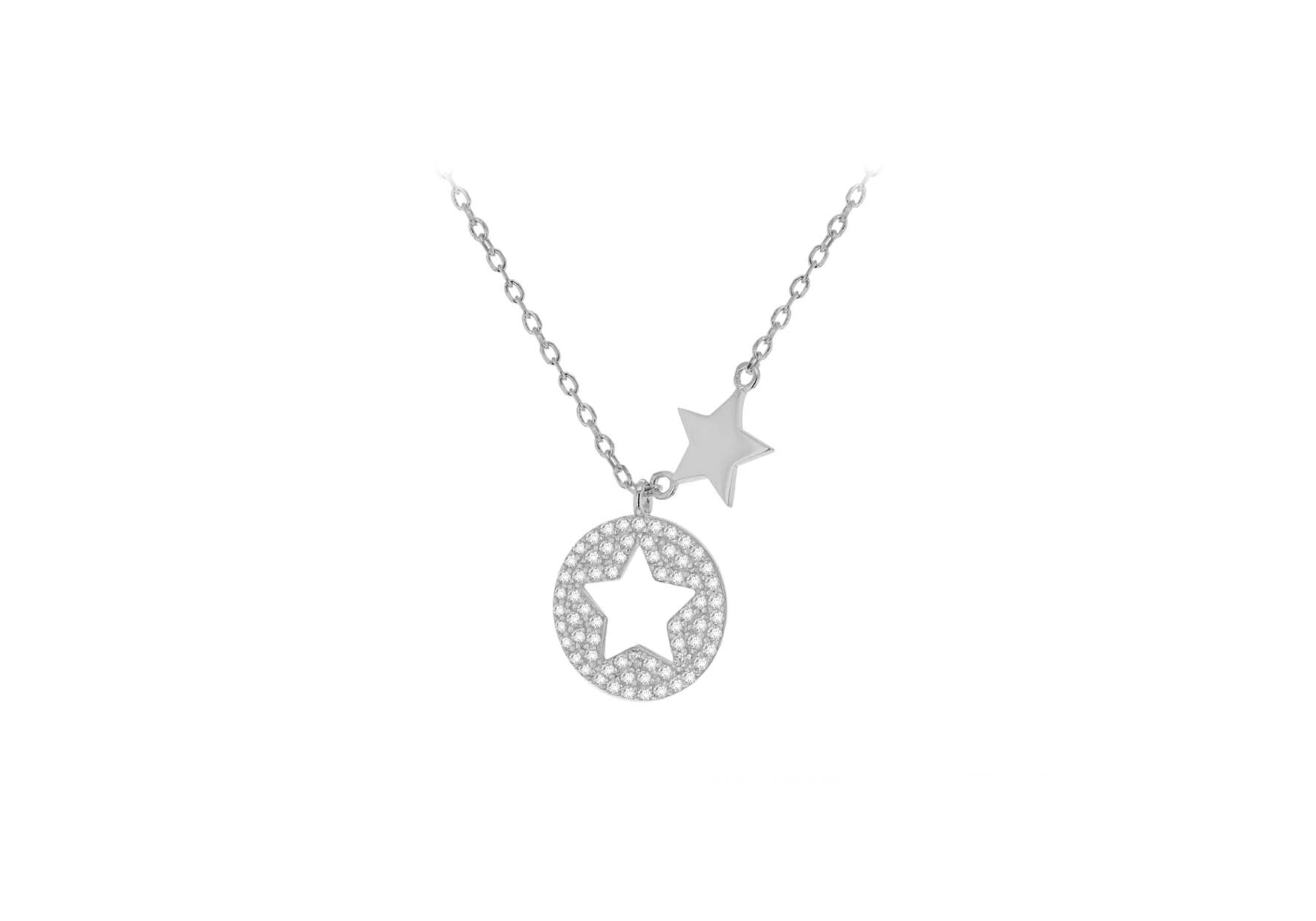 Sterling Silver Rhodium Plated Zirconia 13.3mm x 16.3mm CutoCut-Star Disc & Star Adjustable Necklace 43m/17"-46m/18"9