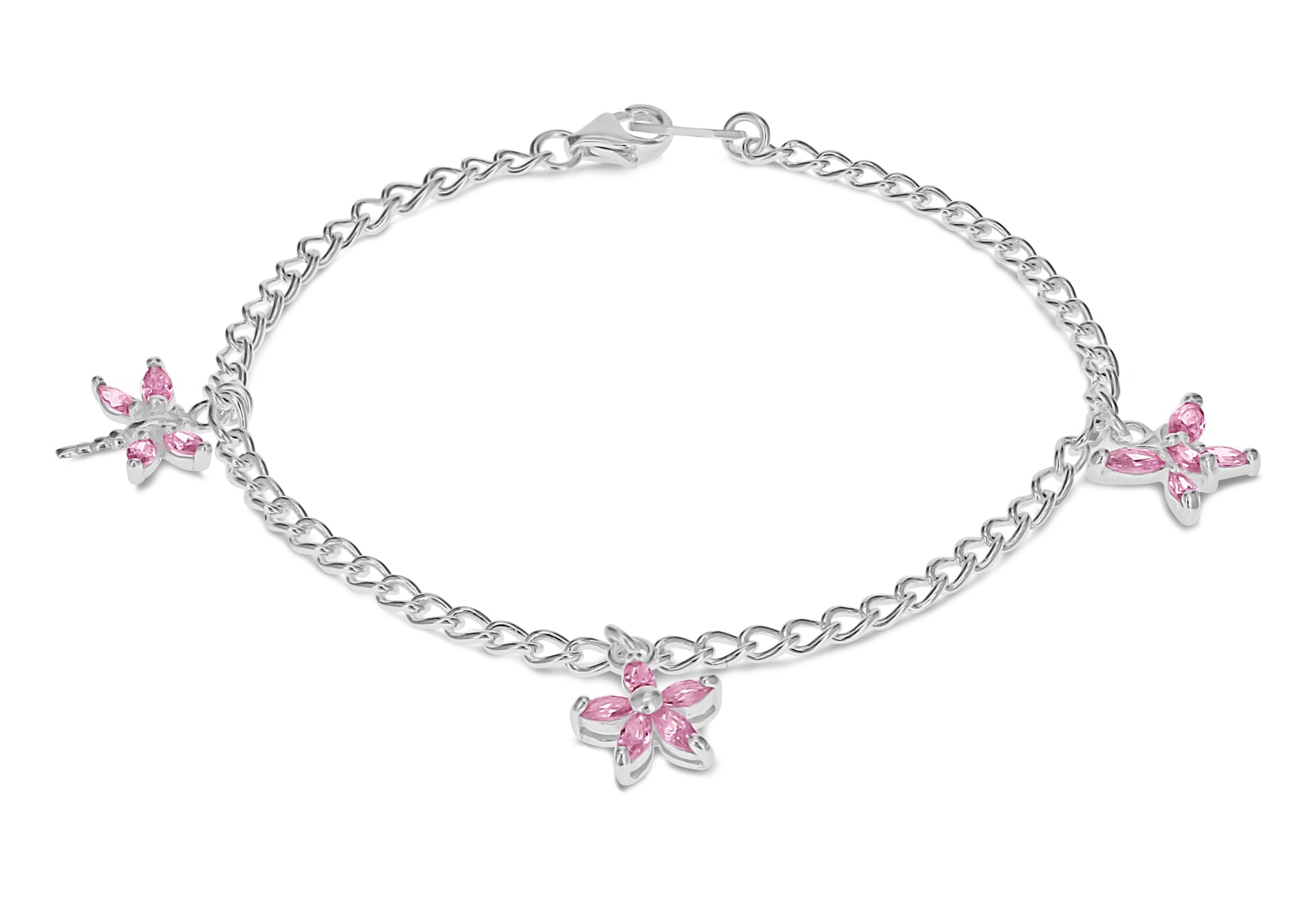 Sterling Silver Three Pink Zirconia Charm Bracelet