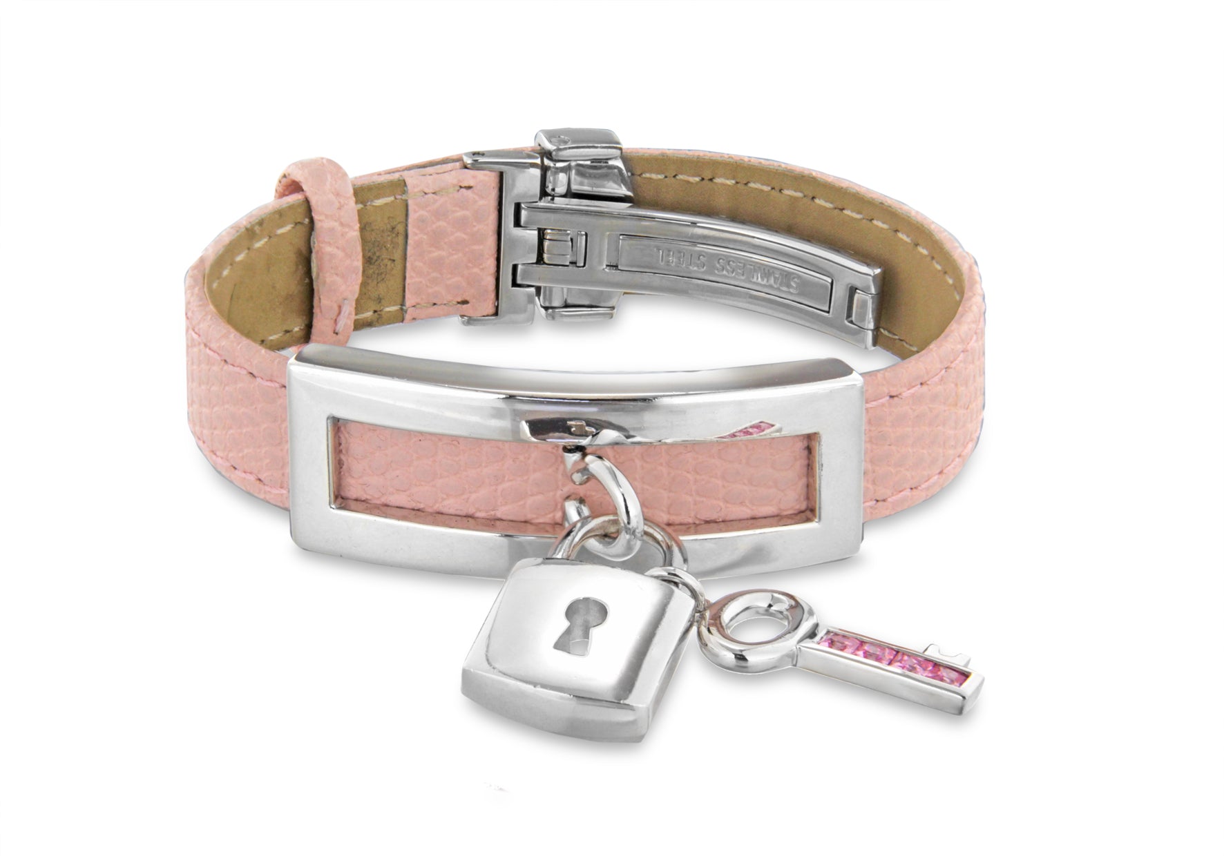 Sterling Silver Lok and Zirconia Key Pink Leather Strap Bracelet 20m/8"9