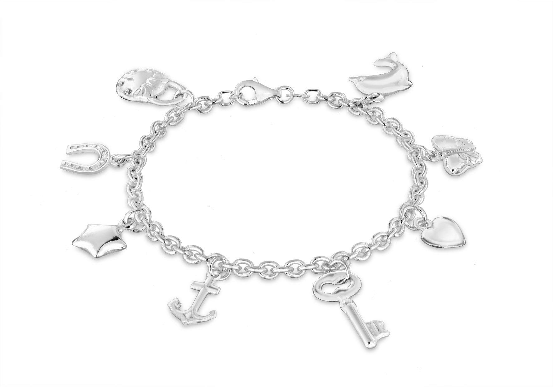 Sterling Silver Rhodium Plated 8-Charm Belcher Bracelet 19m/7.5"9