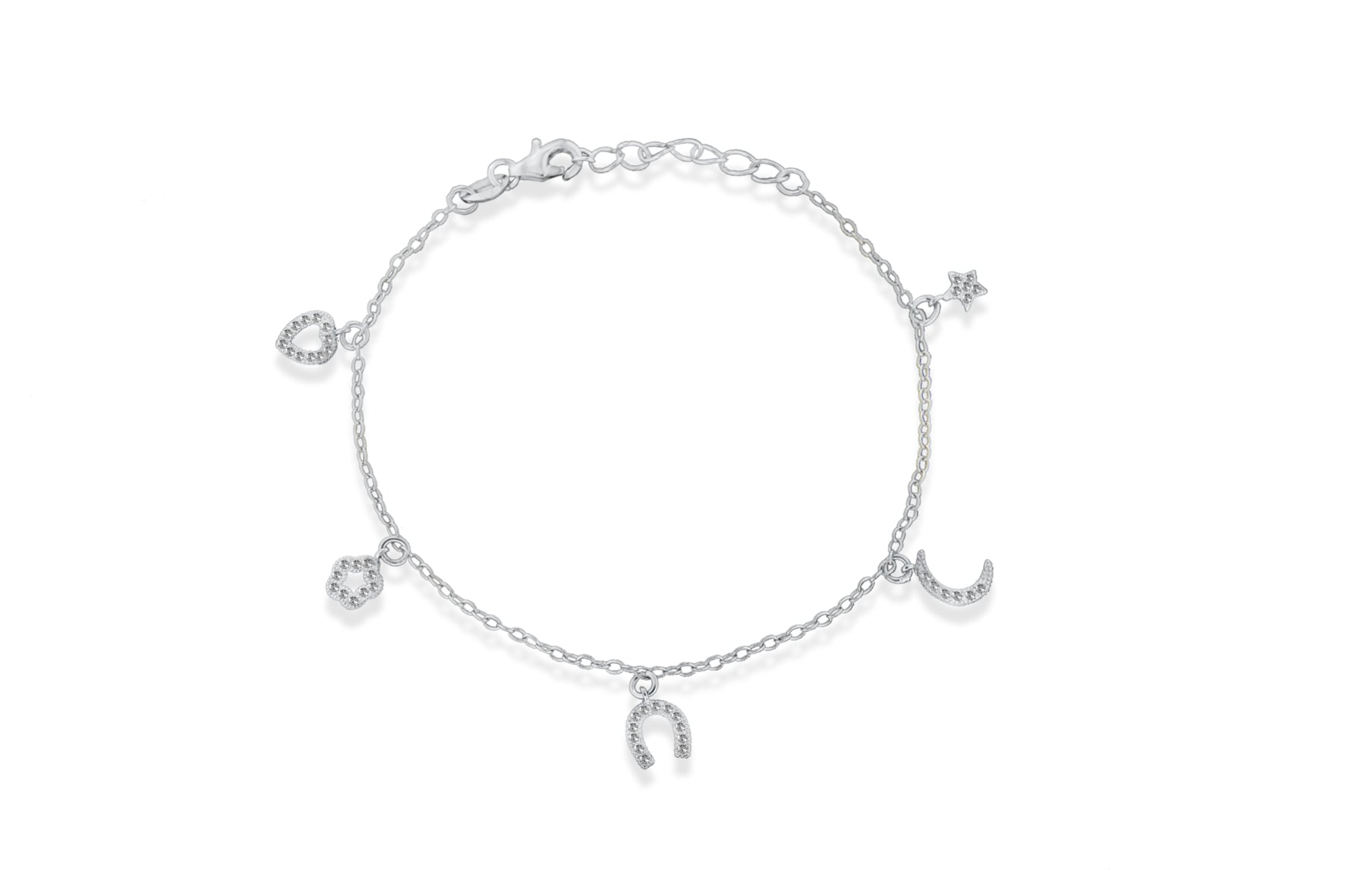 Sterling Silver Rhodium Plated Zirconia 5-Charm Adjustable Bracelet 16.5m/6.5"-19m/7.5"9
