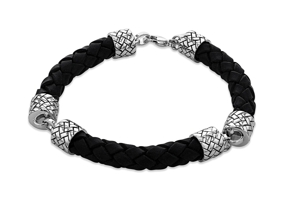 Sterling Silver Rhodium and Black Leather Herringbone Bracelet