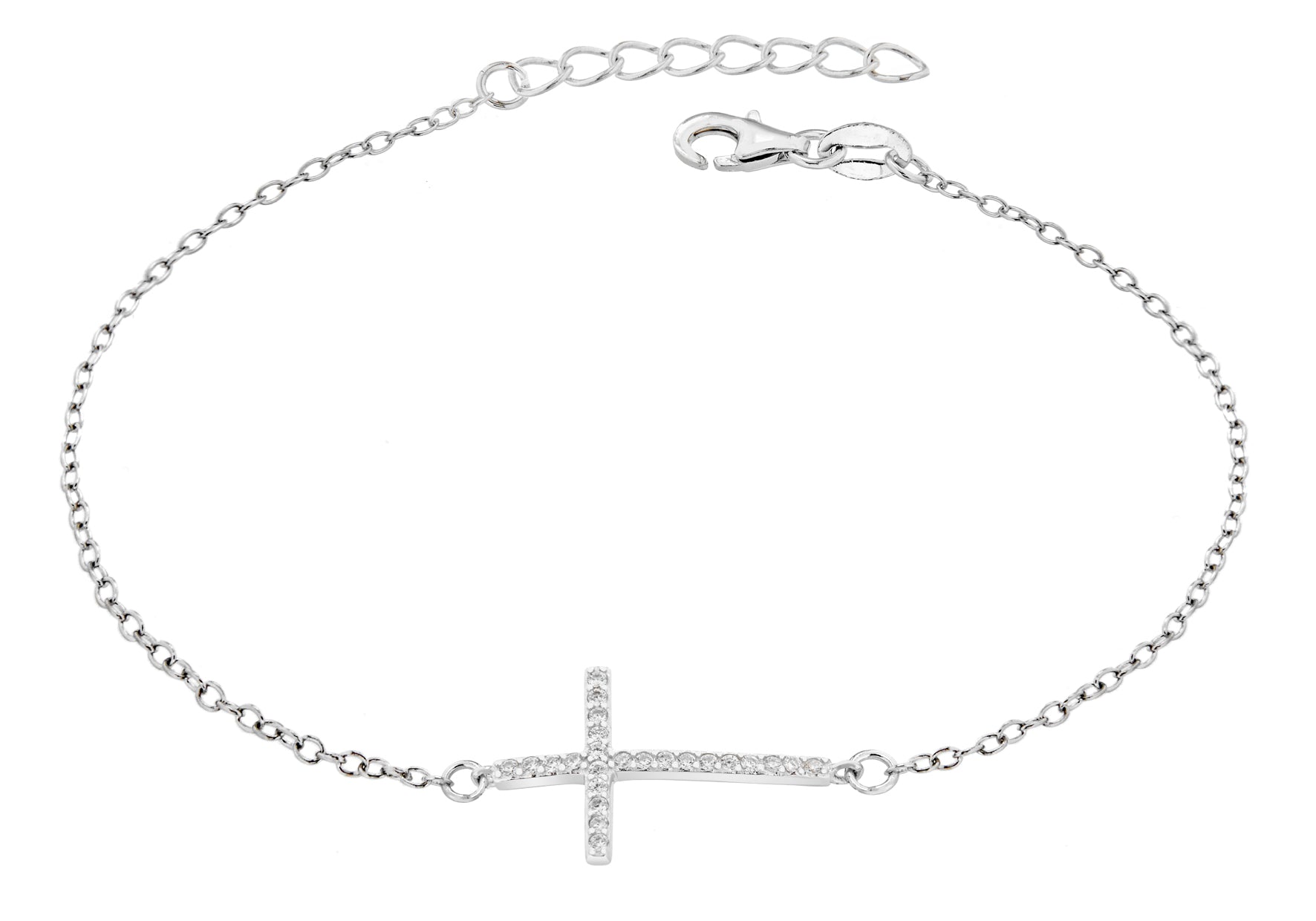 Sterling Silver Rhodium Plated Zirconia Cross Bracelet 19m/7.5"9