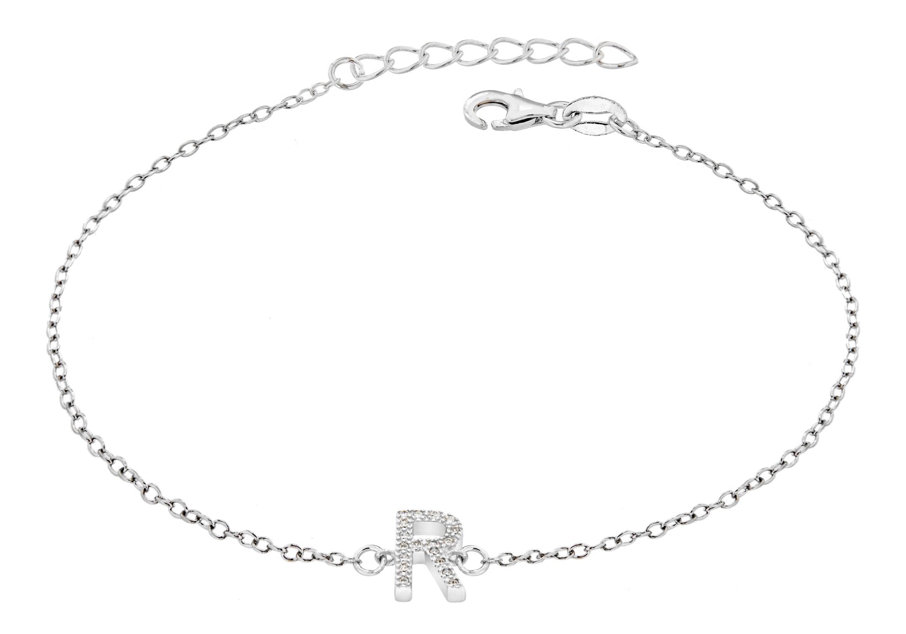 Sterling Silver Rhodium Plated Zirconia  'R' Initial Bracelet 19m/7.5"9