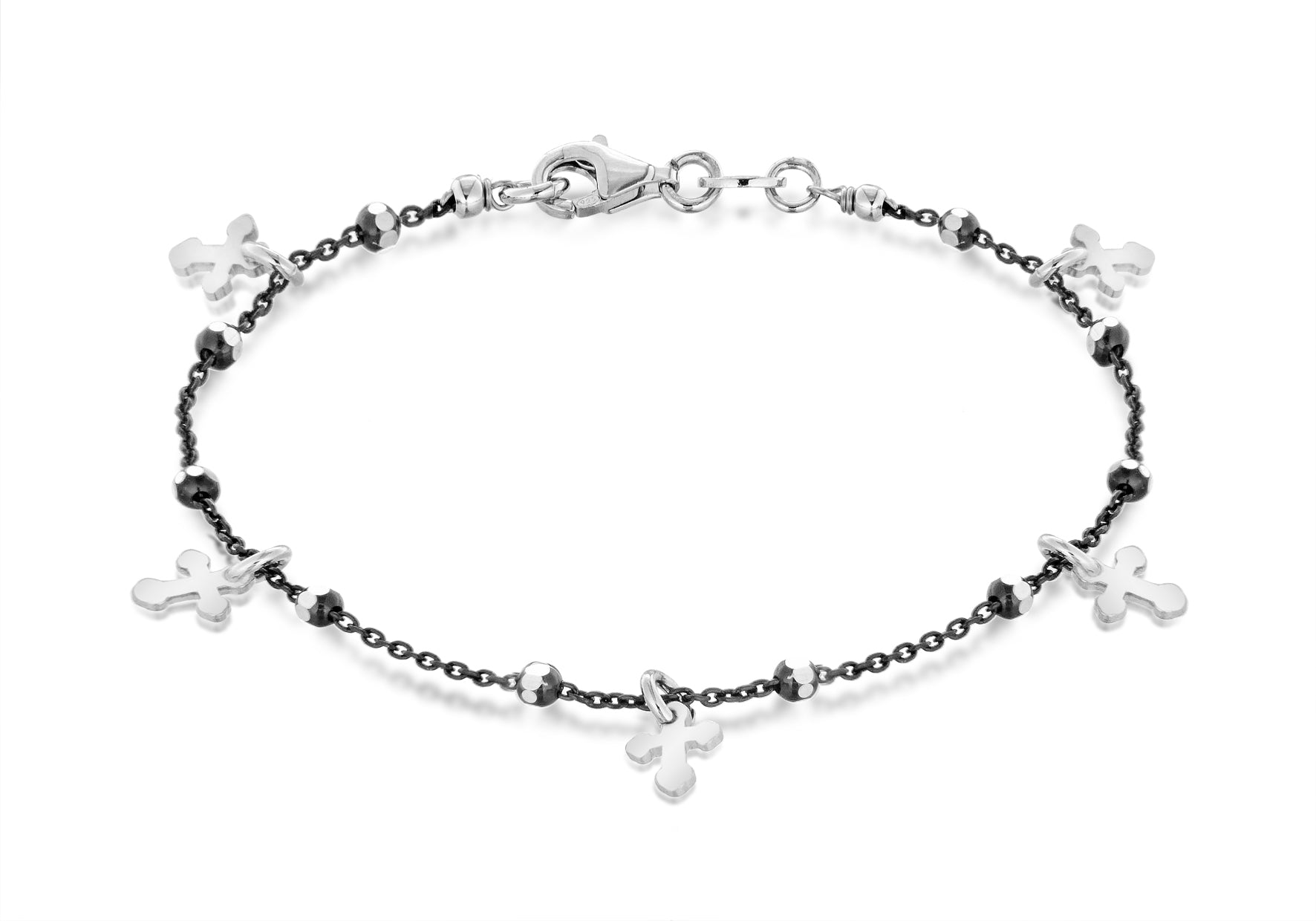 Sterling Silver Cross and Balls Black Chain Bracelet 19m/7.5"9