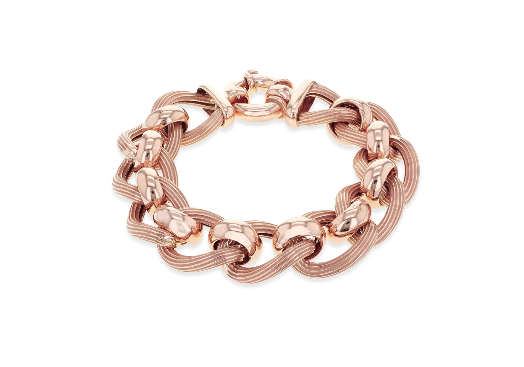 Sterling Silver Rose Gold Plated Large Textured and Polished Rollerball Bracelet 20m/8"9