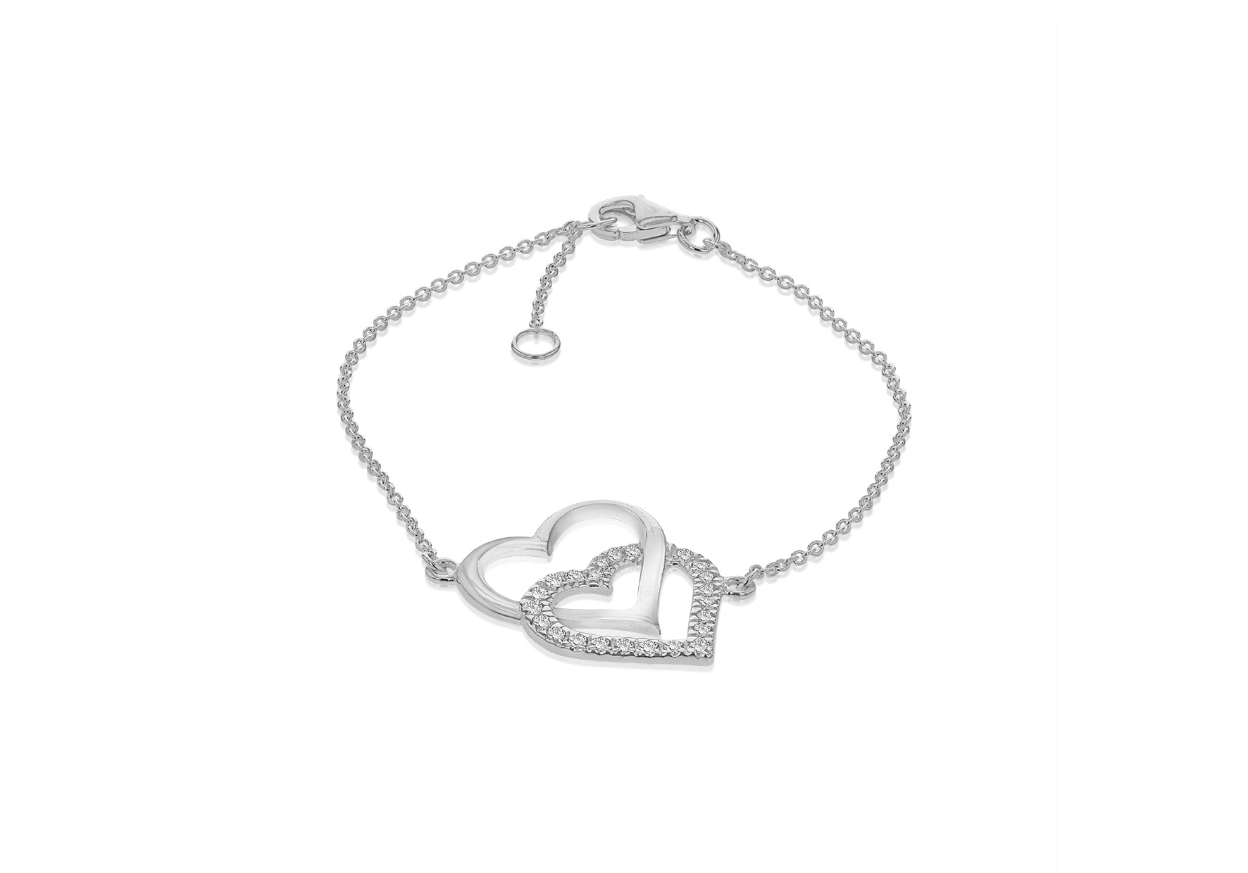 Sterling Silver Zirconia Double-Heart Adjustable Bracelet 15m/6"-18m/7"9