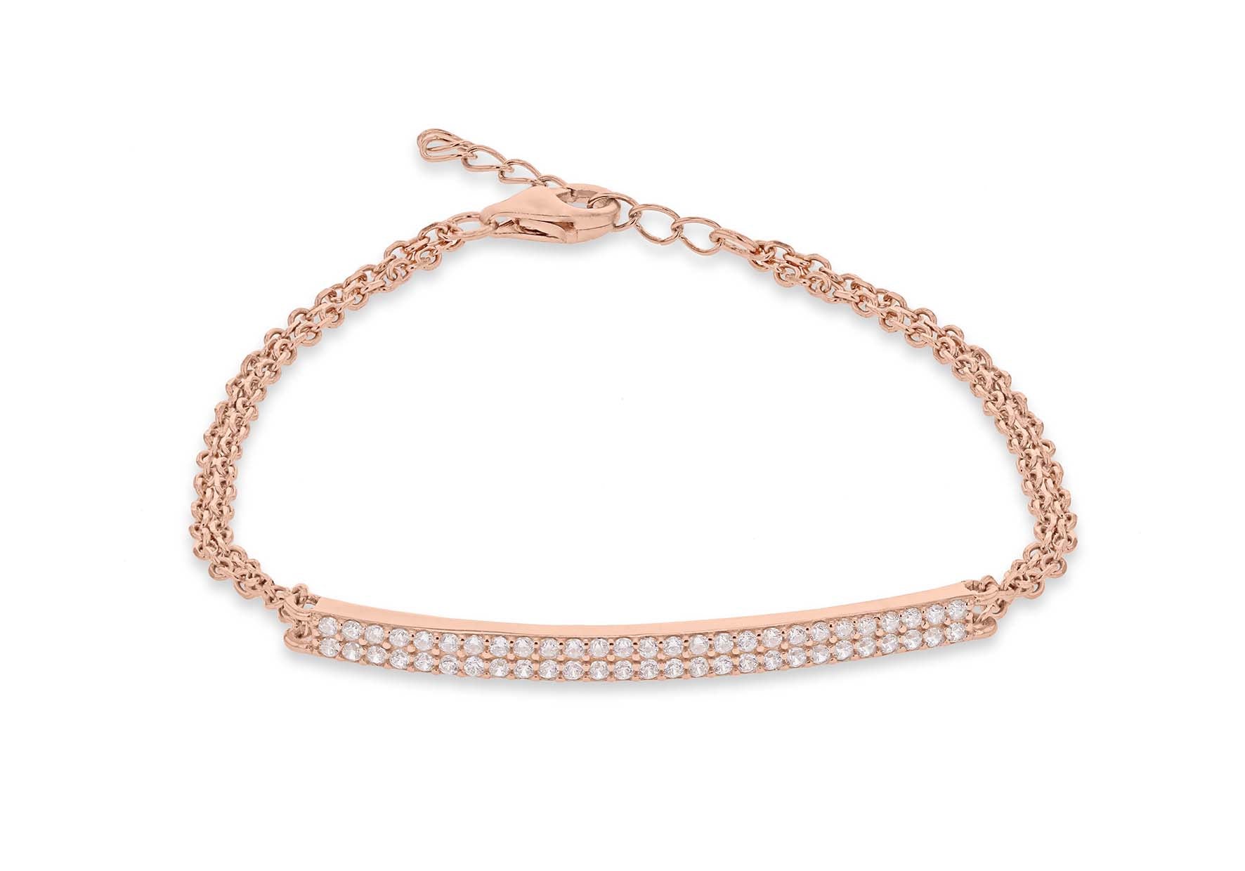 Sterling Silver Rose Gold Plated Zirconia Bar and Double Chain Adjustable Bracelet 16.5m/6.5"-19m/7.5"9