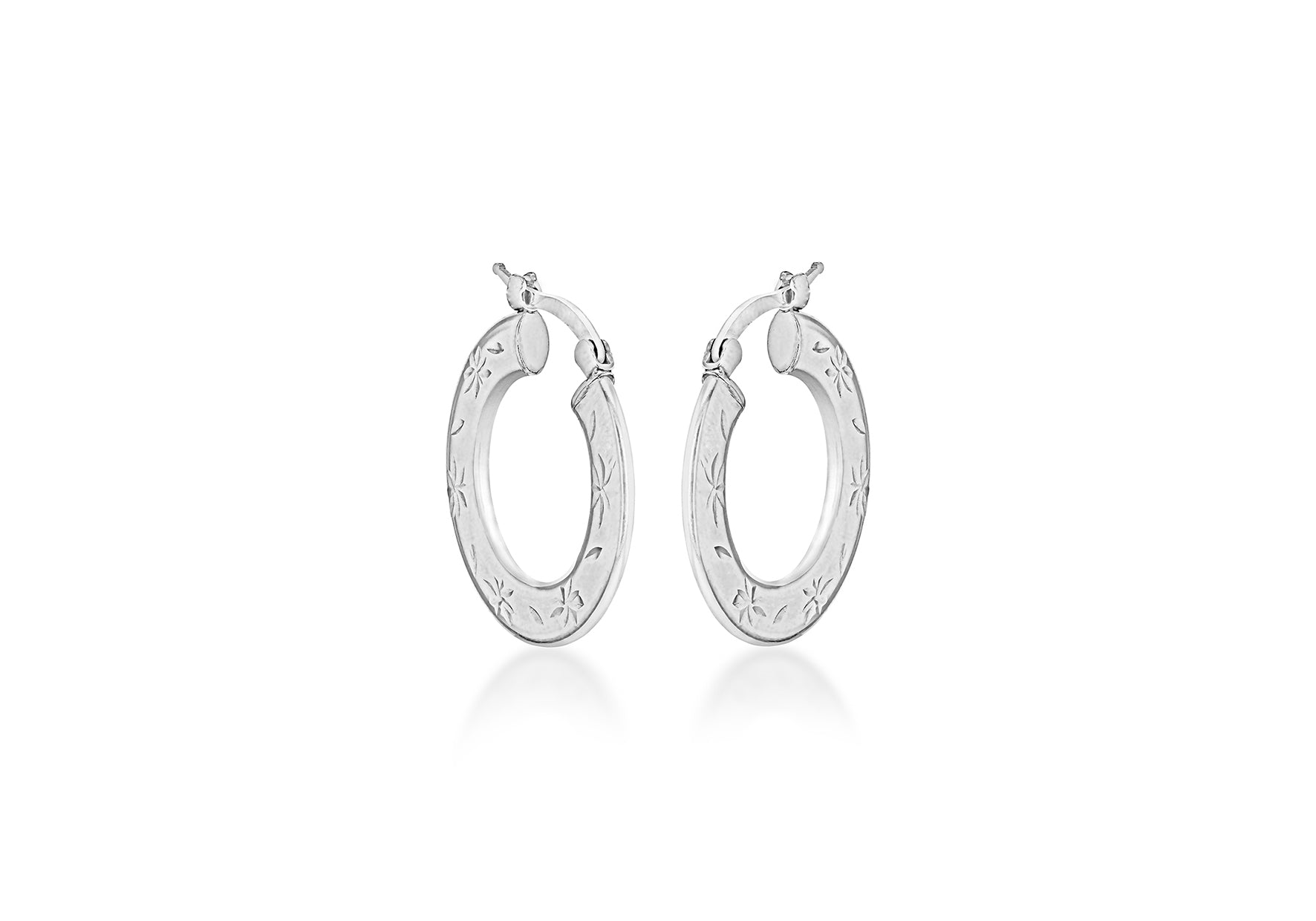 Sterling Silver Rhodium Plated Diamond Cut 25.6mm Floral Creole Earrings