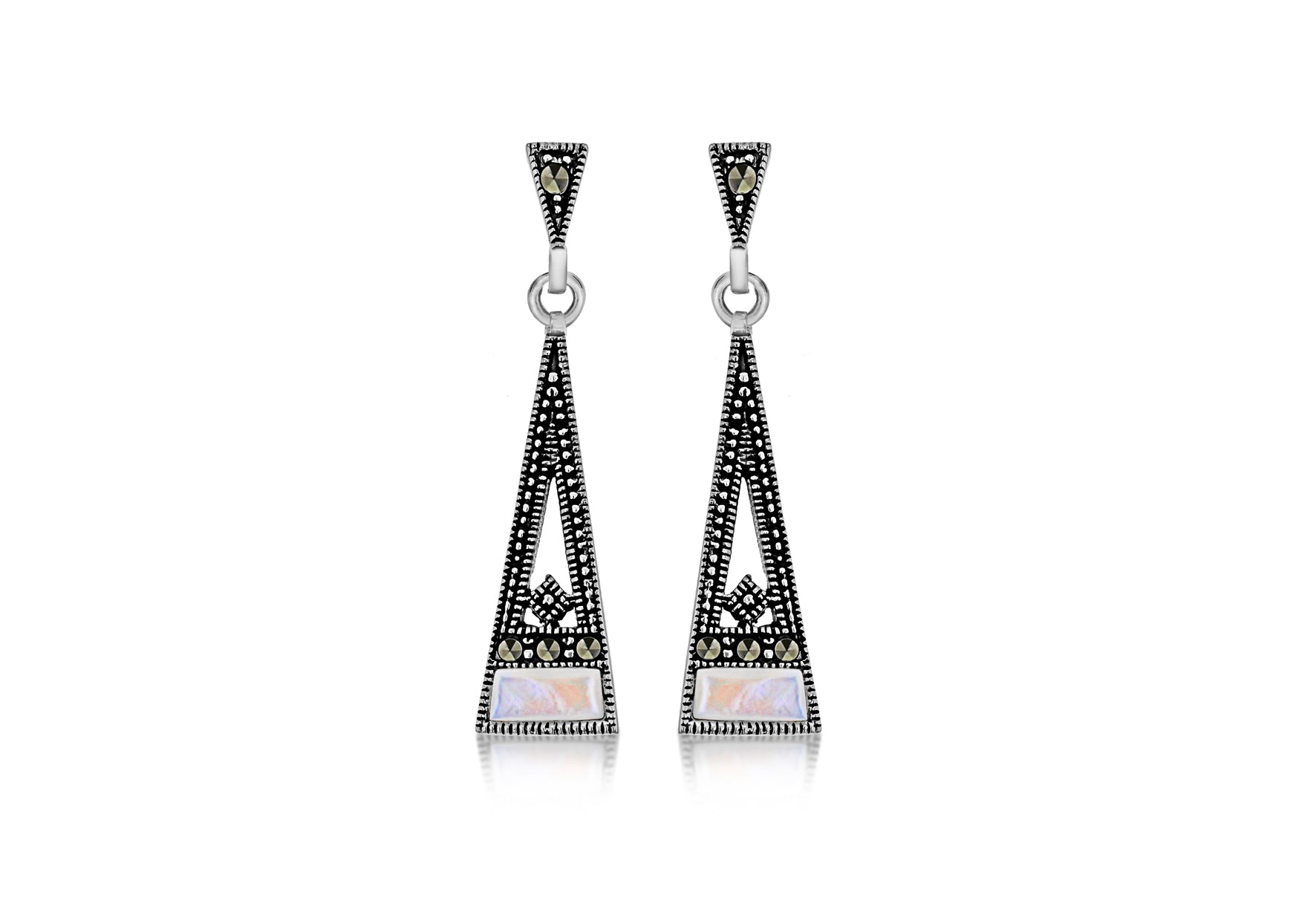 Sterling Silver Trapezoid Marcasite & Mother of Pearl Drop Earrings
