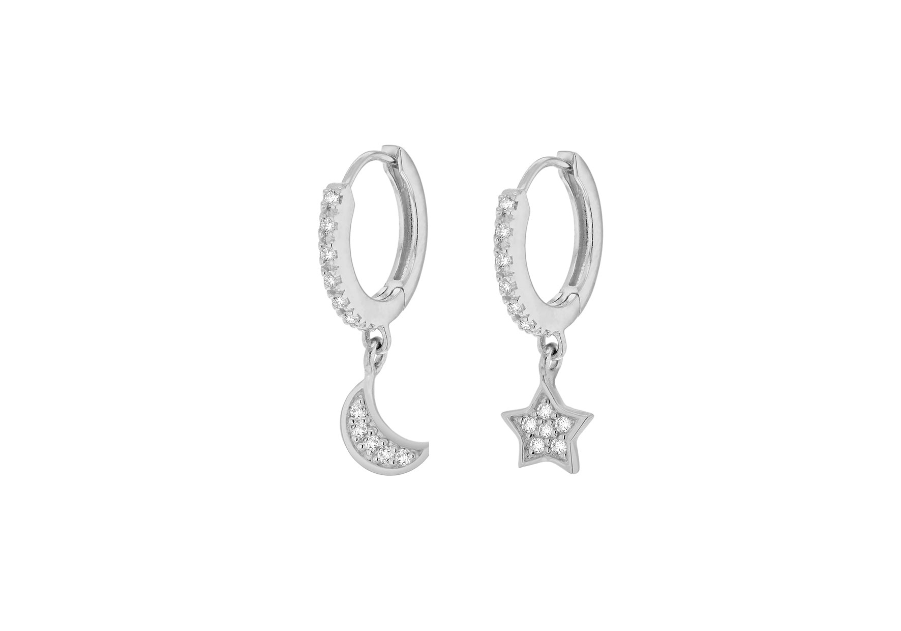 Sterling Silver Rhodium Plated Zirconia Star and Moon 13.9mm Hoop Creole Earrings