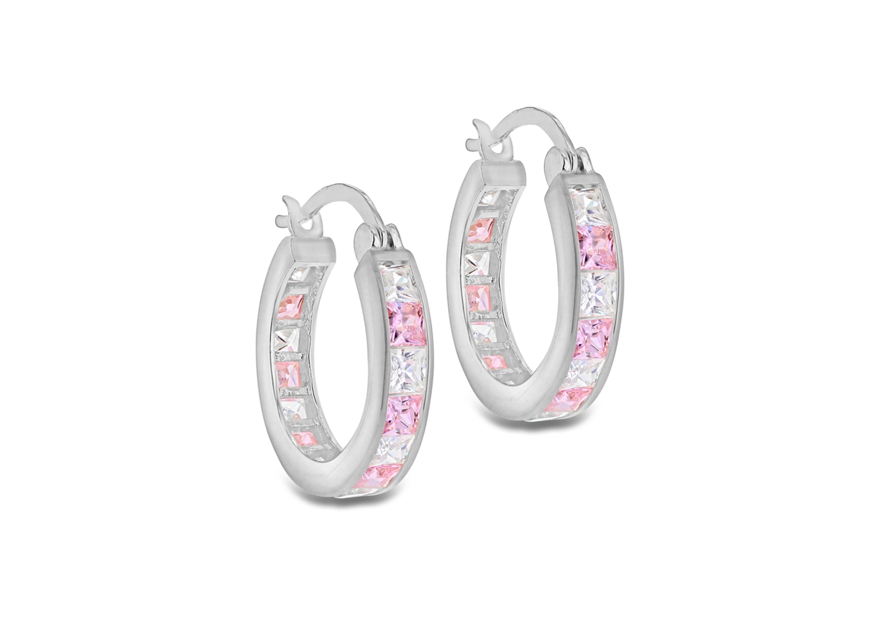 Sterling Silver Pink & White Zirconia Hoop Earrings