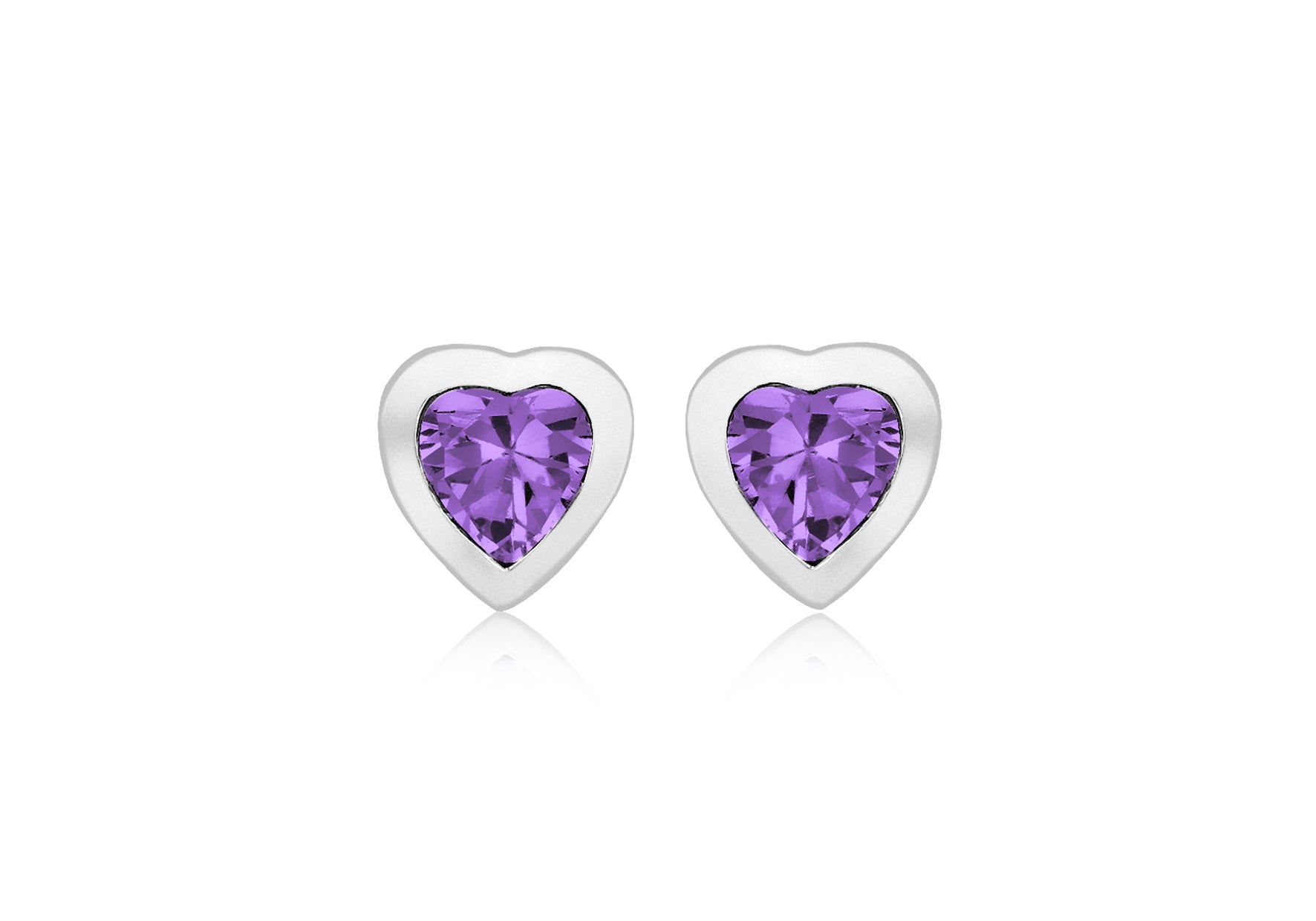 Sterling Silver Rhodium Plated Purple Amethyst Zirconia Heart Stud Earrings