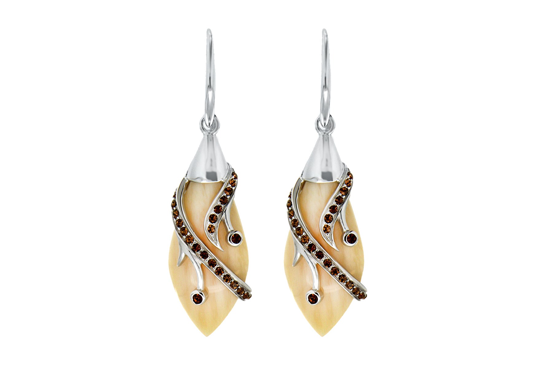 Sterling Silver Rhodium Plated Smoked Topaz Crystal & Bone Drop Earrings