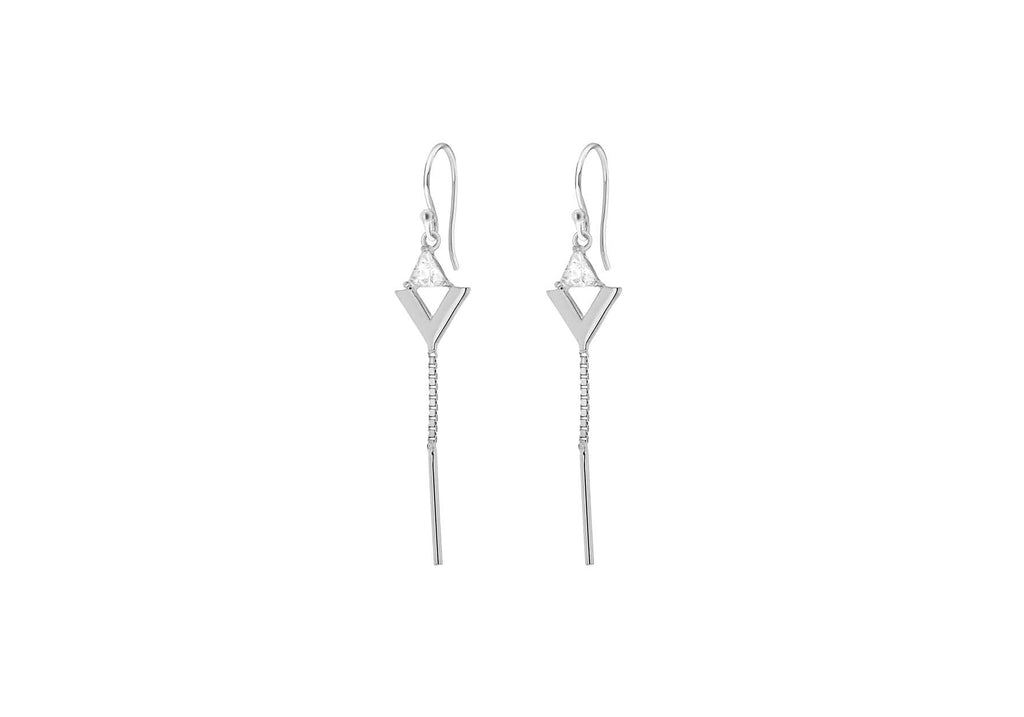 Sterling Silver Rhodium Plated Zirconia  Triangle and Chain Drop Earrings