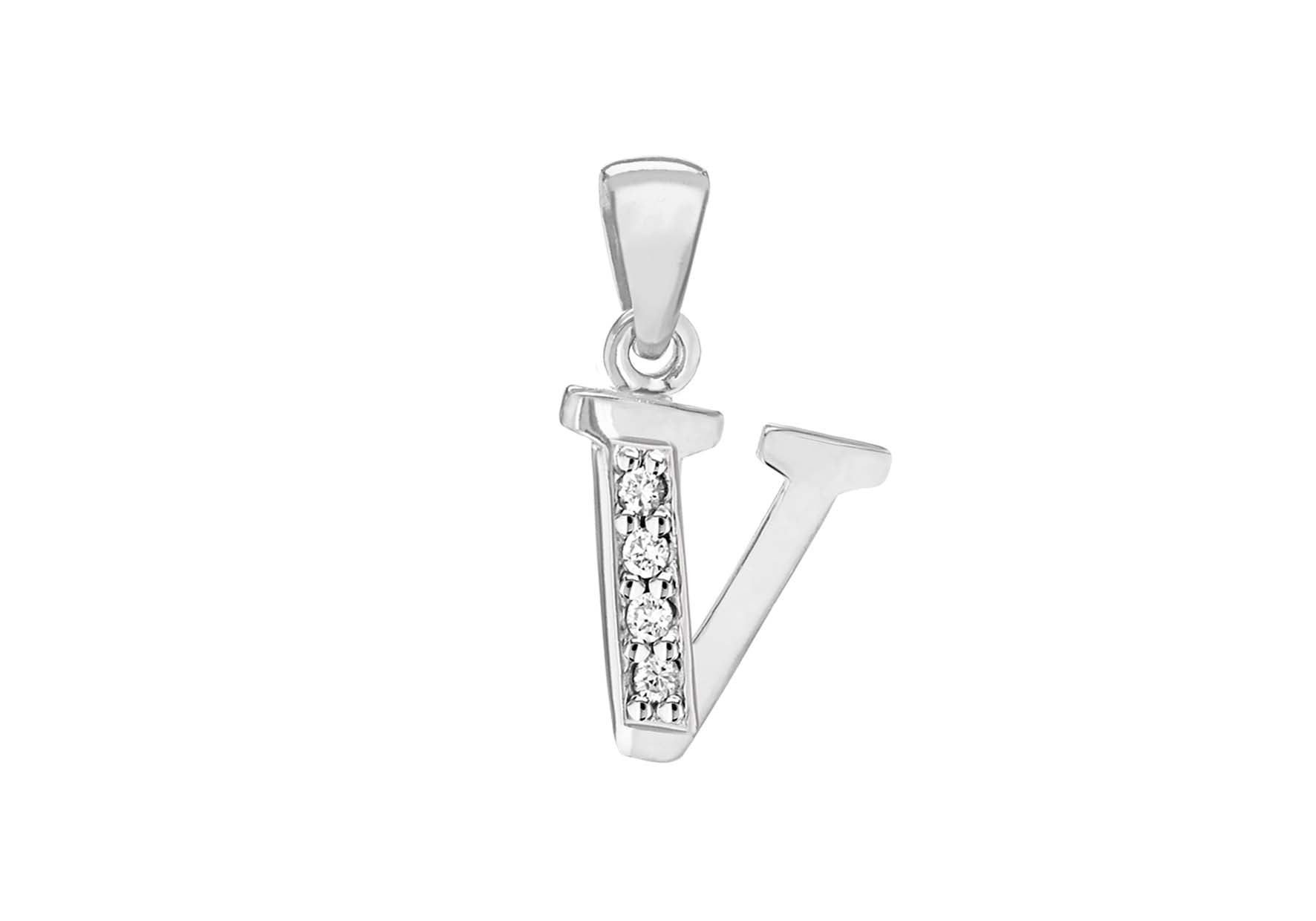 Sterling Silver Zirconia 10mm x 18mm 'V' Initial Pendant