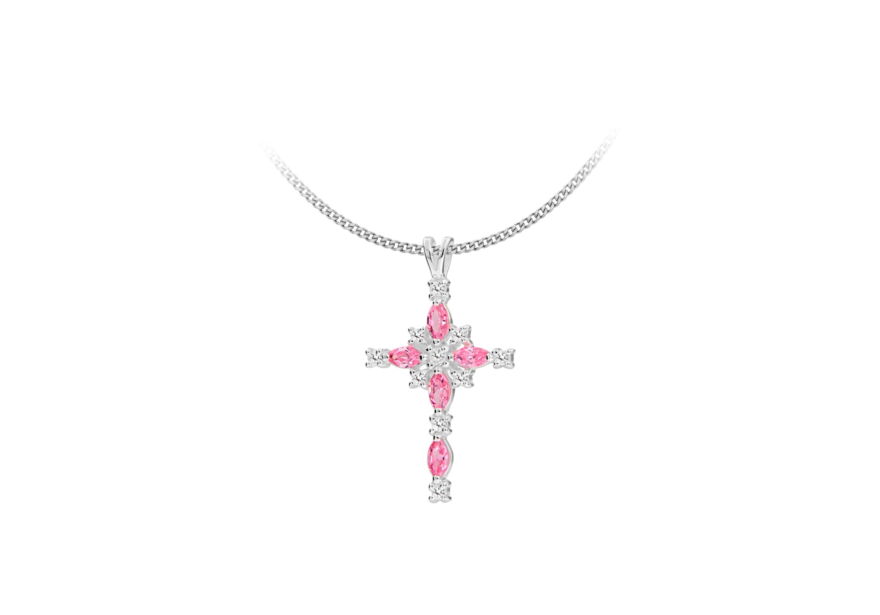 Sterling Silver Pink and White Zirconia Ornate Cross Pendant