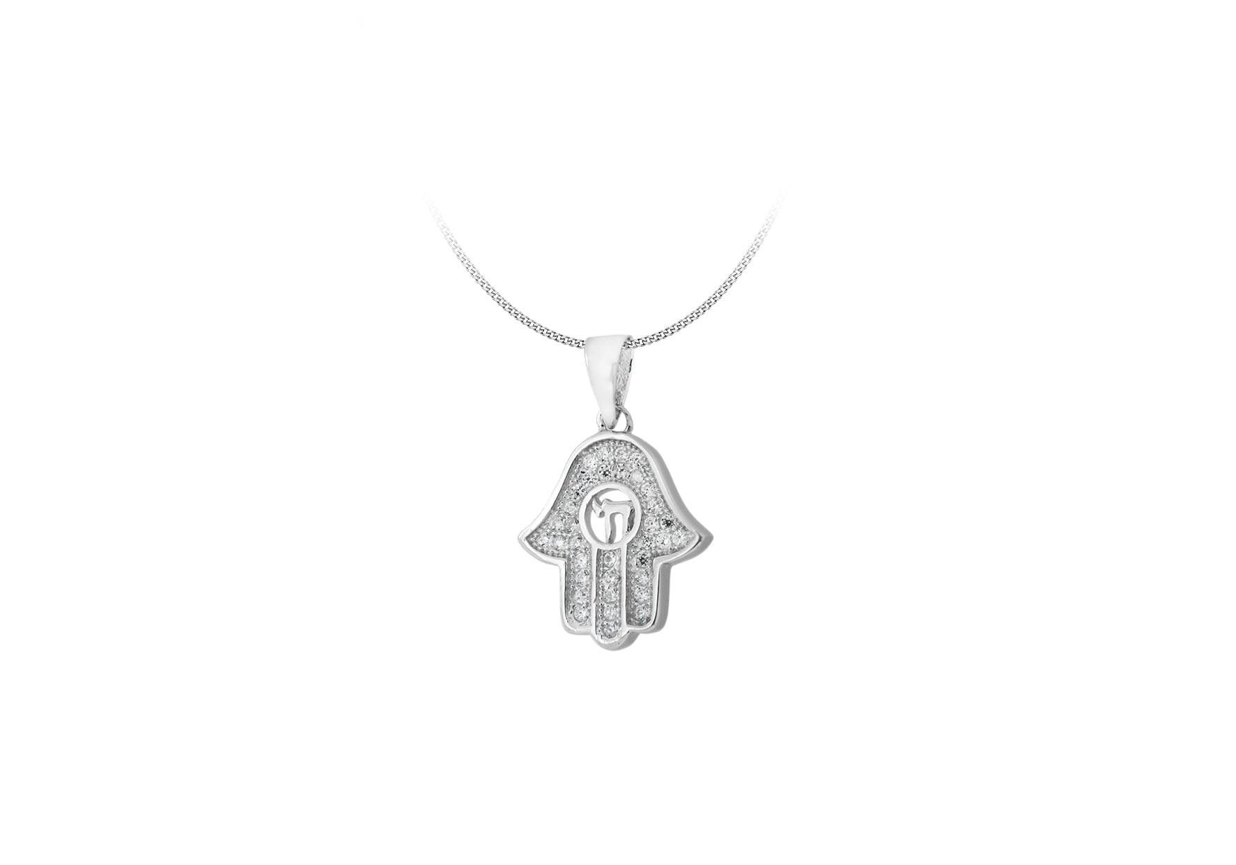 Sterling Silver Rhodium Plated Zirconia  Hamsa Hand Pendant