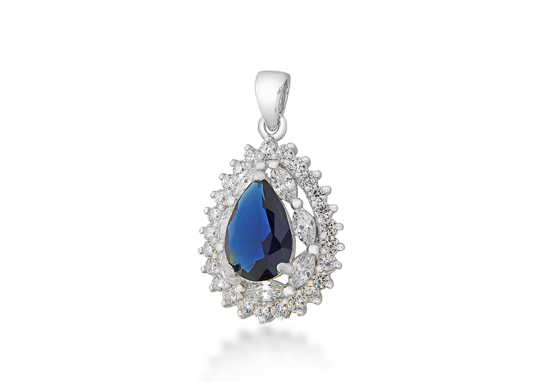 Sterling Silver Blue & White Zirconia Stone Set Cluster Teardrop Pendant
