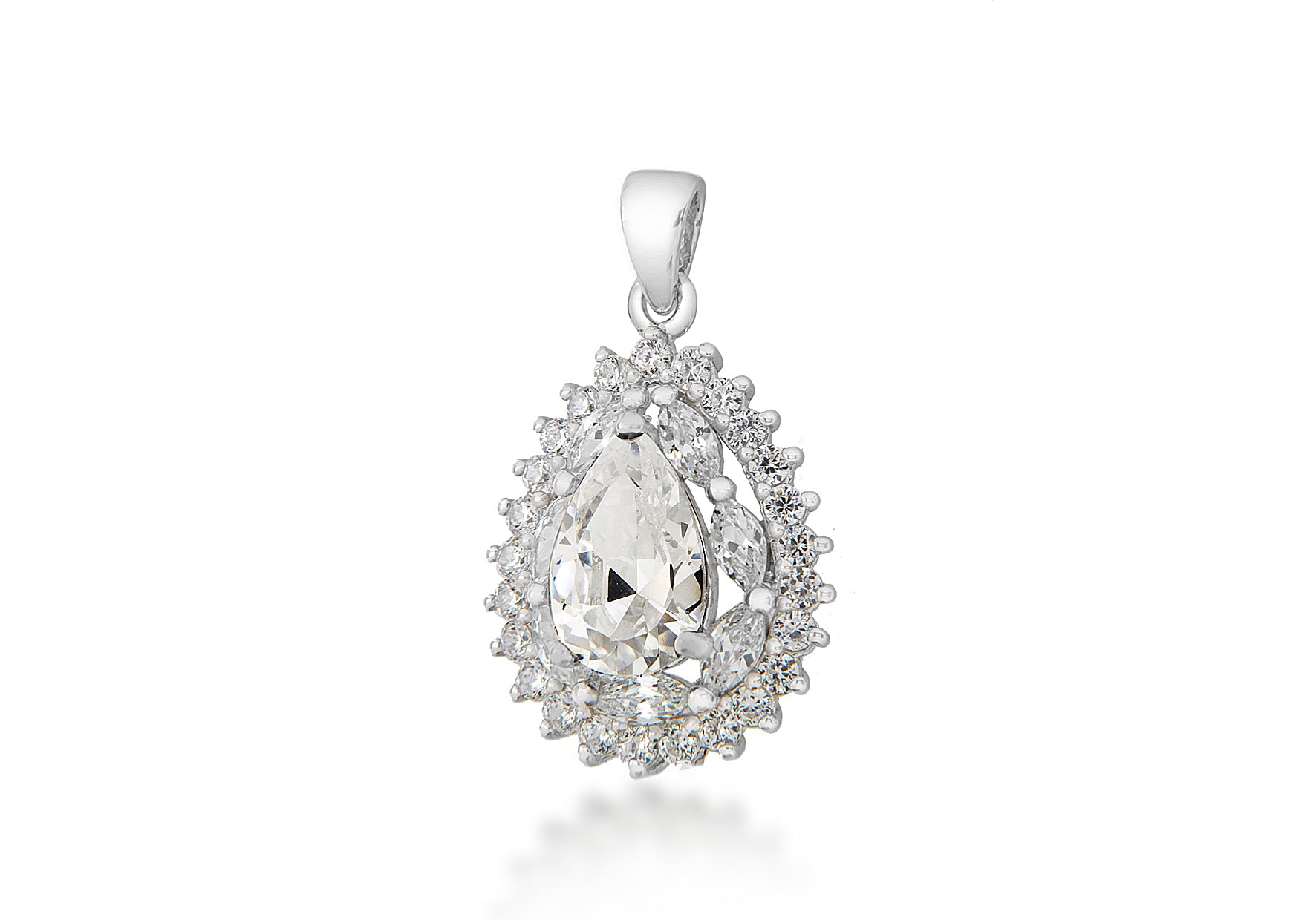 Sterling Silver White Zirconia  Stone Set Cluster Teardrop Pendant