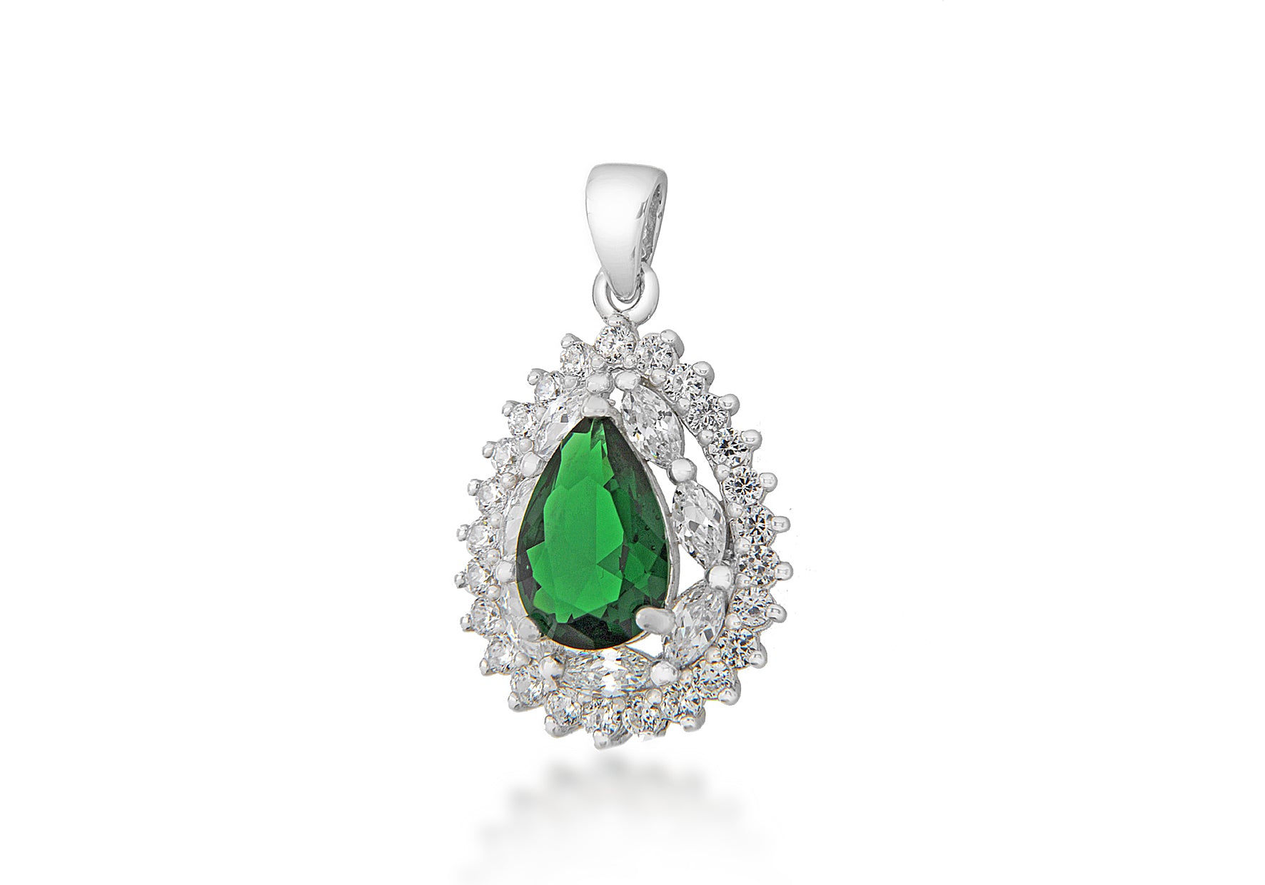 Sterling Silver Green & White Zirconia Stone Set Cluster Teardrop Pendant