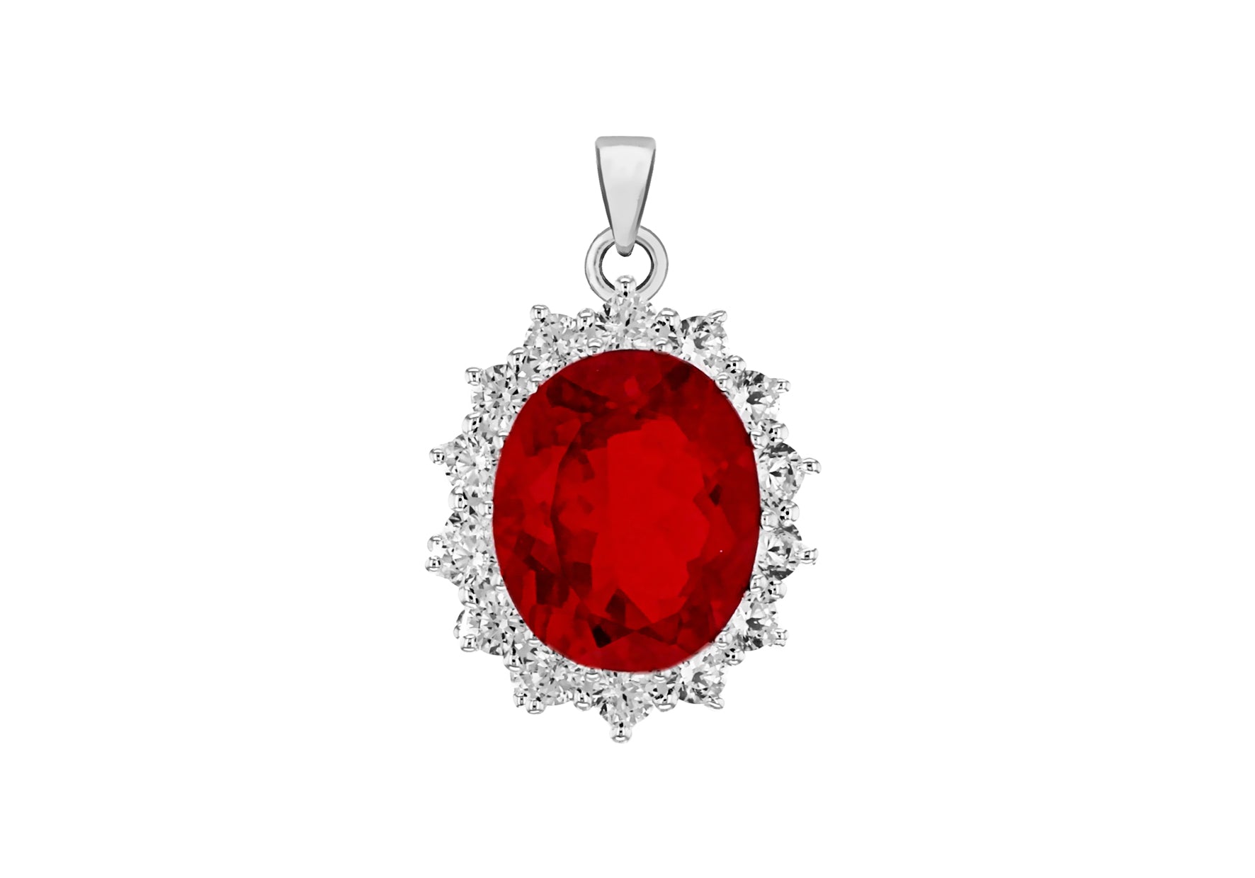 Sterling Silver White Zirconia and Red Crystal Oval Cluster Pendant