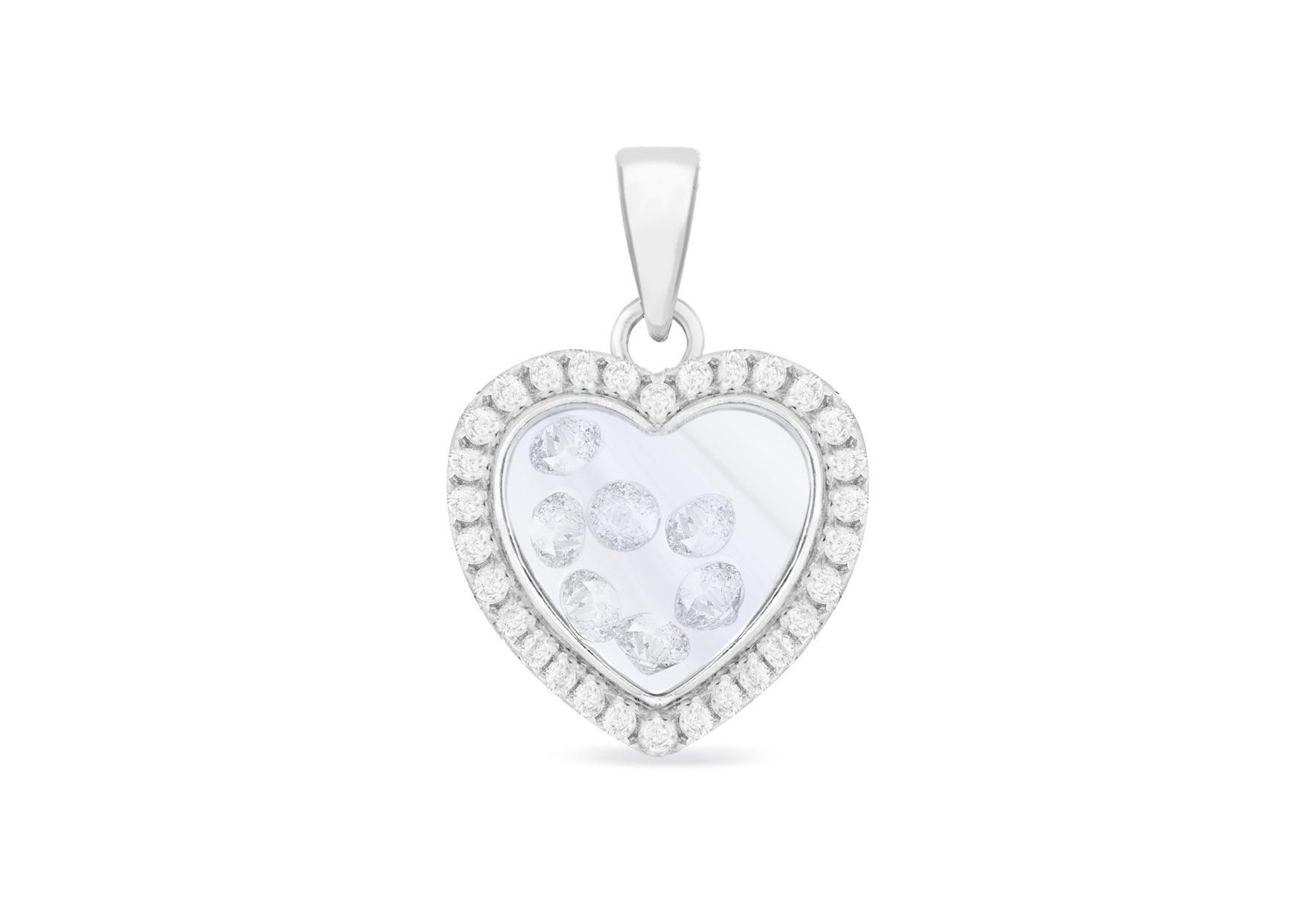Sterling Silver Rhodium Plated Floating Zirconia Stones Heart Pendant