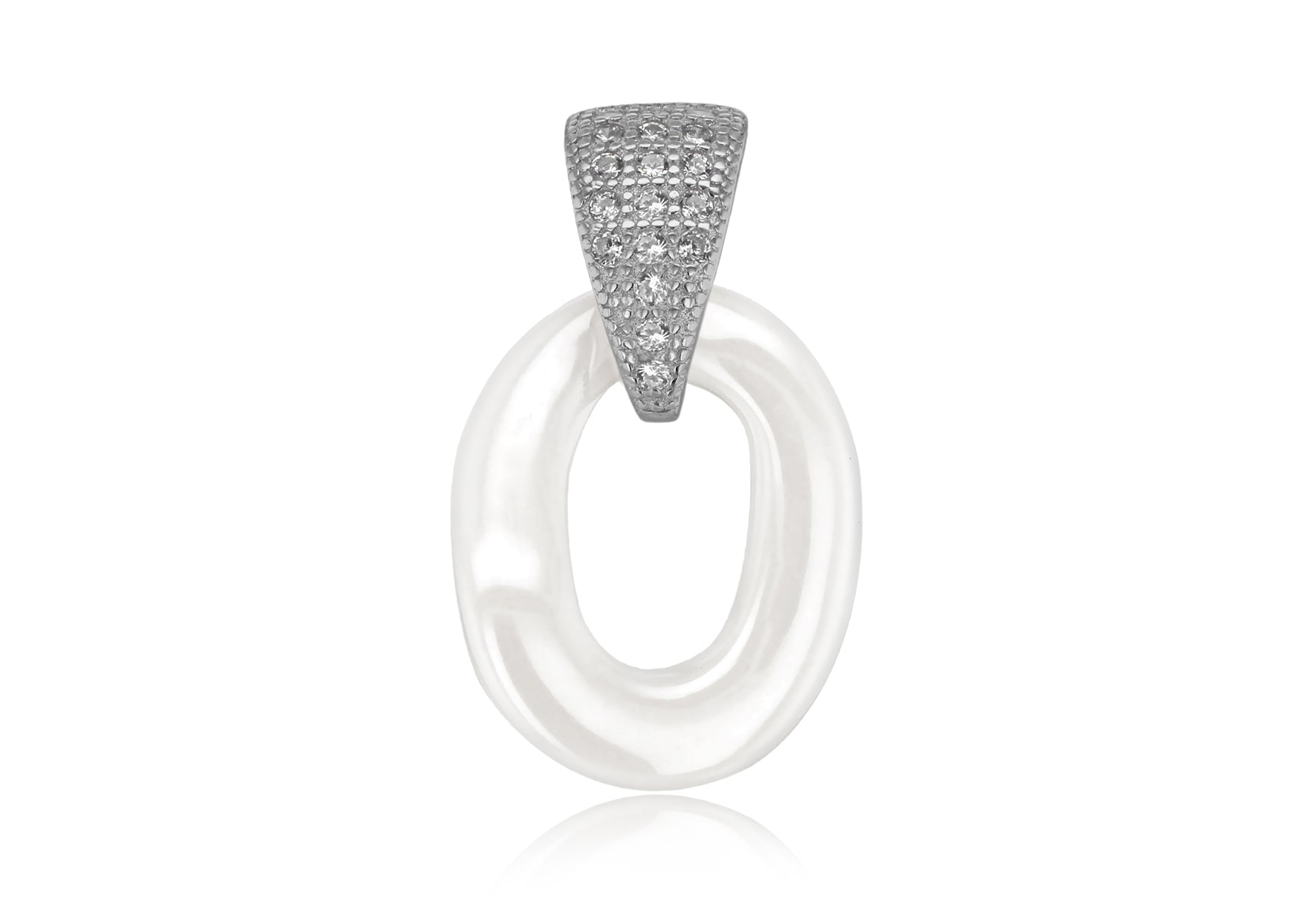 Sterling Silver Rhodium Plated White Ceramic Zirconia Set Oval Pendant