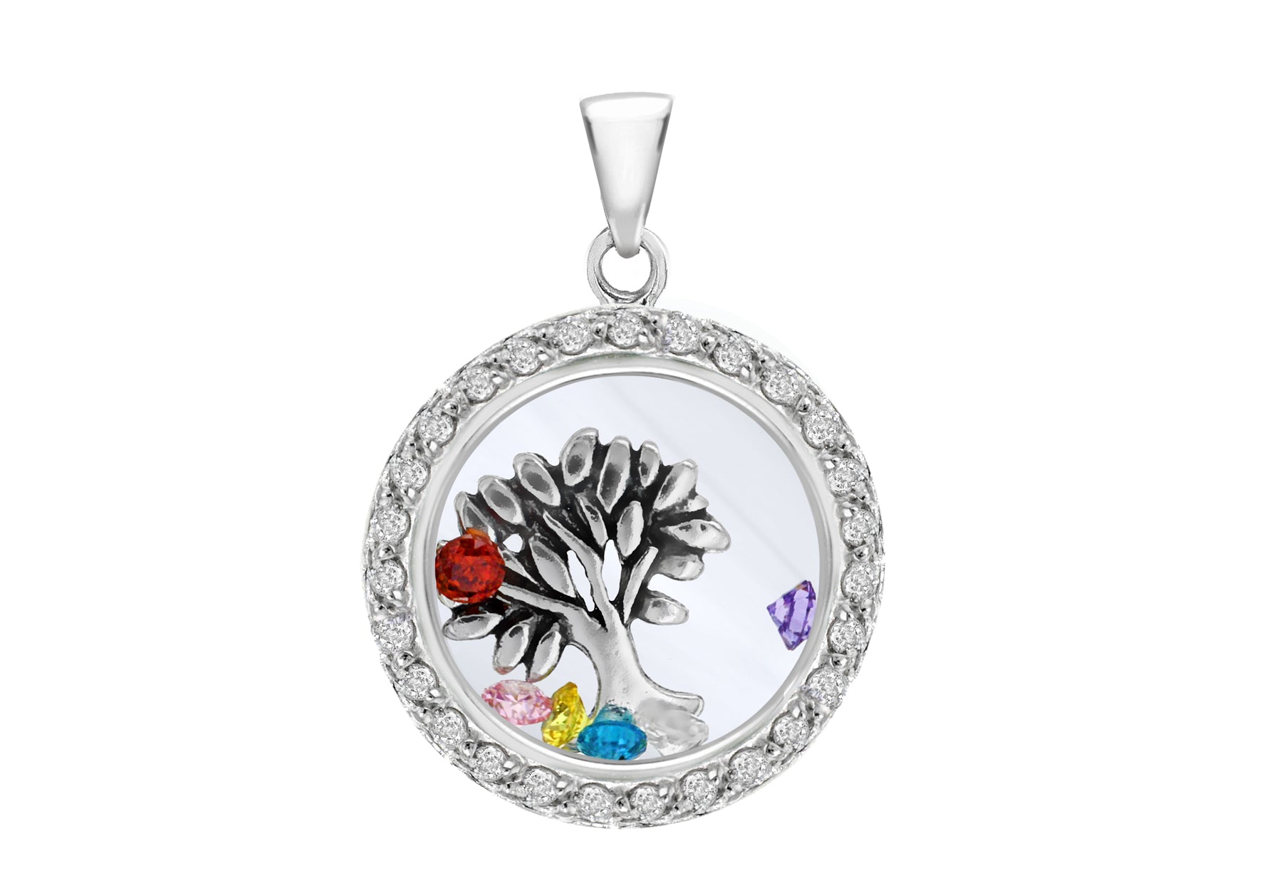 Sterling Silver Floating Zirconia Tree of Life Round Pendant